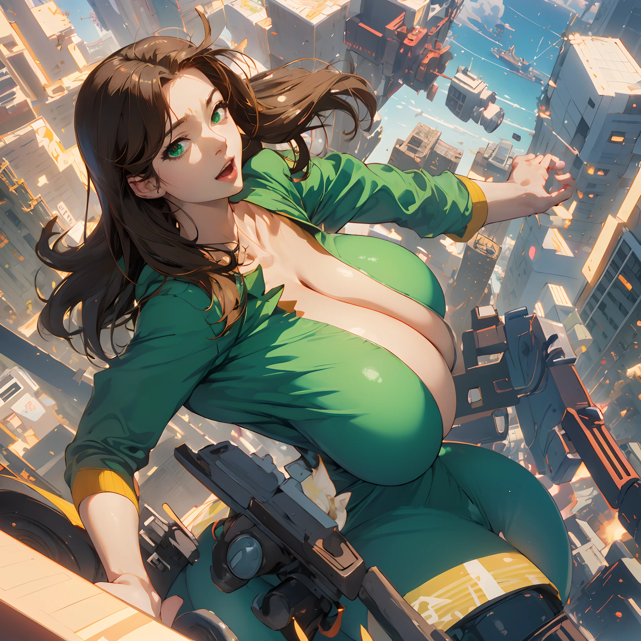 Anime, big huge breasts, girl, short height, busty, brown hair , urban city, puffy , ((((Ridiculously ginormous breasts)))), small body, big chest, small head, saggy breast, women, mega big breasts, (overhead view), OPPAI RATIO, overfeeding, (((ultra-hyper breasts))), green eyes, high quality , anime art