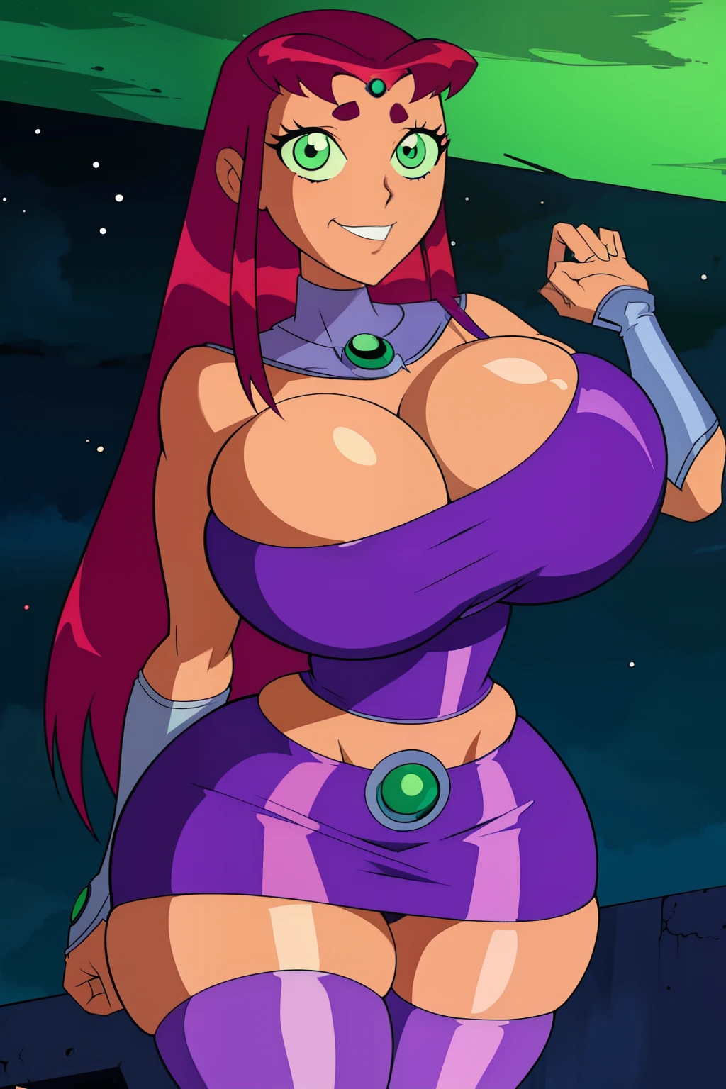  titans art style, teenans, Starfire, 1girl, ((bimbo))), smile face, green eyes, long red hair, thick, wide hips, erotic, thick thigh, huge breast, huge ass, shiny skin, oily skin, purple skirt, cleavage,