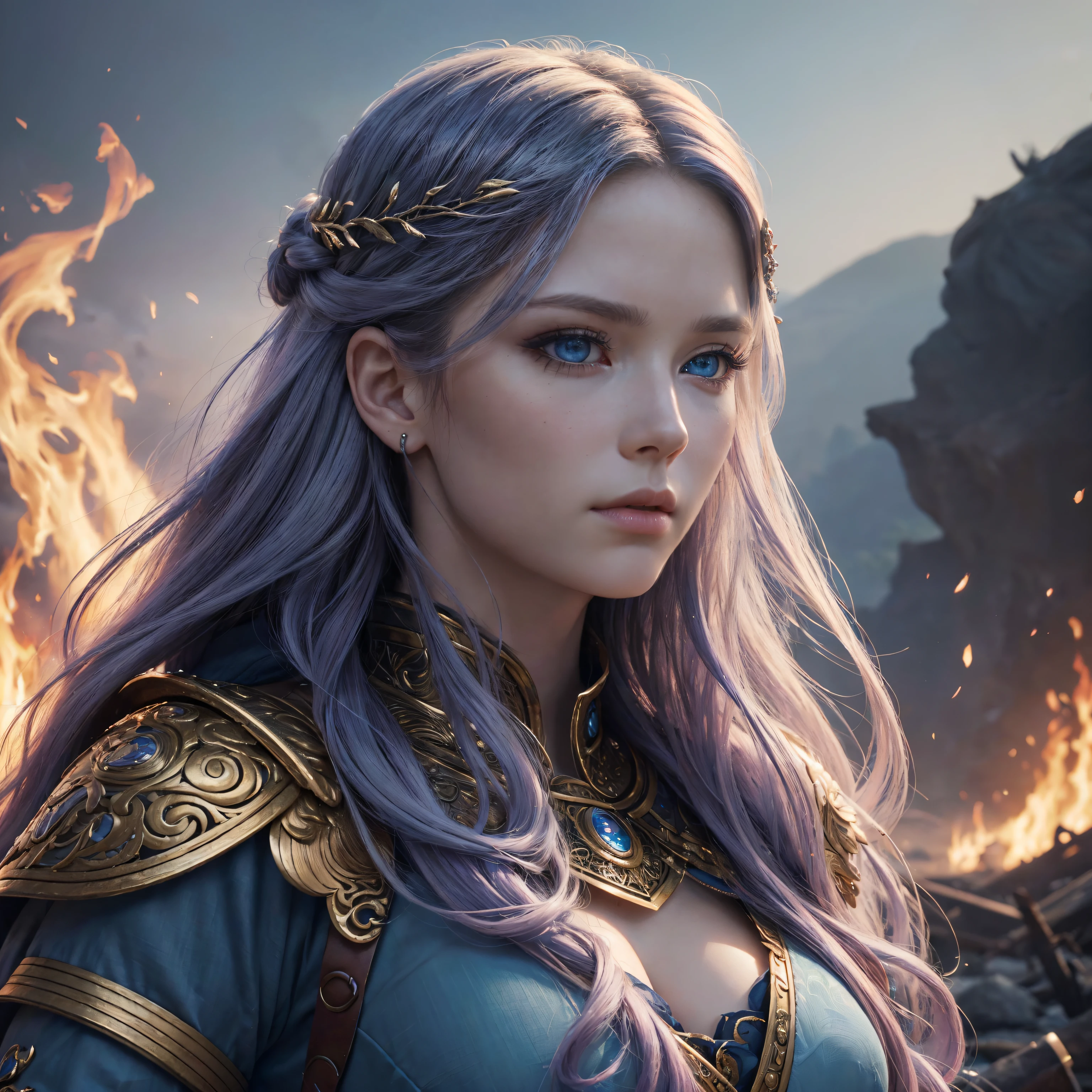(best quality,4k,8k,highres,masterpiece:1.2),ultra-detailed,(realistic,photorealistic,photo-realistic:1.37),intricate clothing,flowy multi-colored hair,blue eyes,women representation of war, goddess of war and fire,female figure,beautiful detailed eyes,long eyelashes