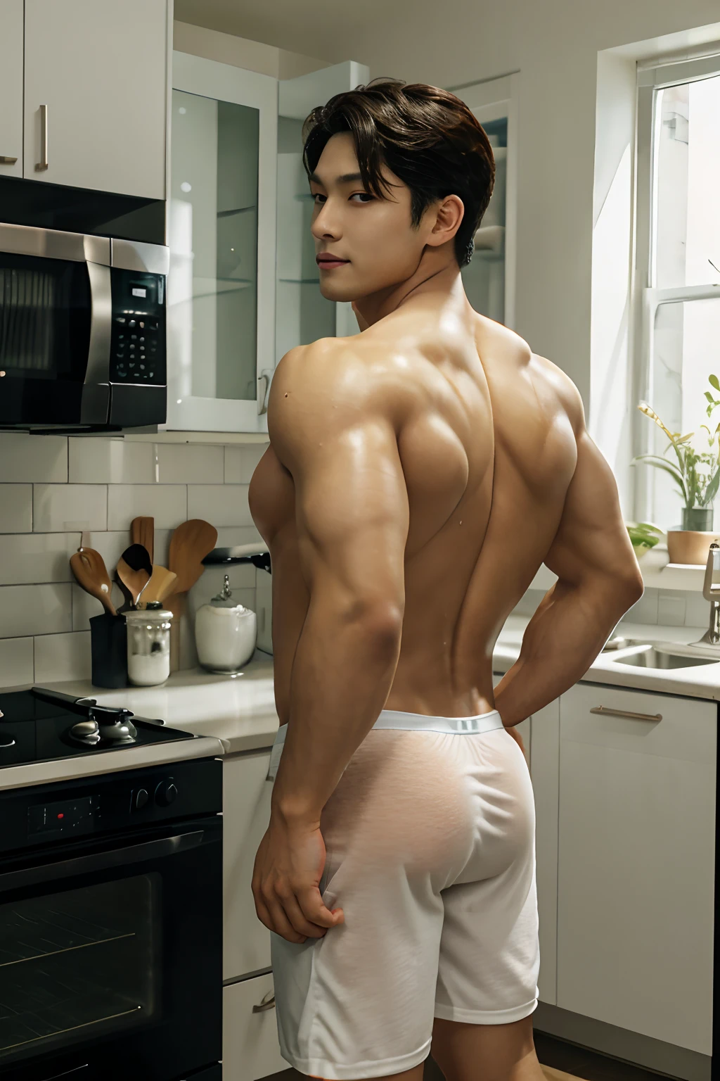 Photorealistic image, ((full body)). about a muscular athletic corean man, The body of a super-muscular trainer, (corean man with k-pop idol look), 20yo, wearing nothing but a white jockstrap, detailed eyes, detailed faces, a beautiful face, large open eyes ((the man stands with his back to the viewer)). Free (dynamic pose): 1, 5, (body in motion): 1, 5, smile, dimples, muscular back, 
voluptuous butt,  (A man is at home alone, in a cozy home environment, in the evening, cooking in the kitchen), show his movements, movements of his arms, legs, torso turns, dishes and food on the table. A masterpiece. High-quality detailed background, detailed face and eyes, detailed proportional body, perfect eyes, photo of perfecteyes eyes,kpop