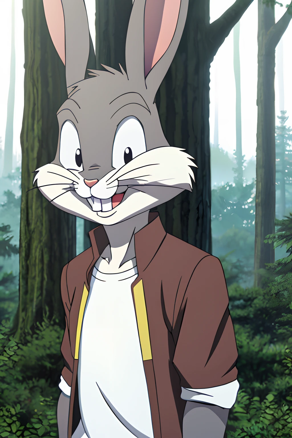 gloves, male, solo, bugs bunny, rabbit, buckteeth, forest, long ears, grey body, grey fur, white fur,furry,anime style, anime screencap, 2010s_\(style\), grin, forest, upper body, short-sleeved jacket with white lining,