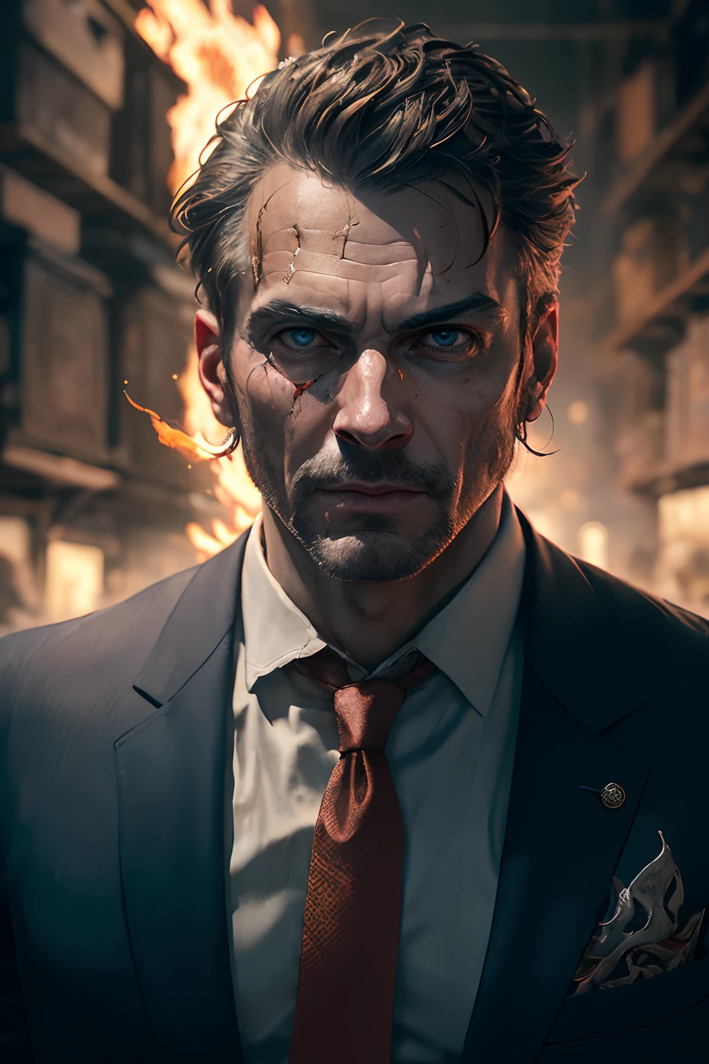 award winning photo of a mature man, sirsean,(realistic, photo-realistic:1.4),(sharp focus:1.4),
(detective:1.2), (fancy suit:1.1), smirk, (ultra detailed face and eyes:1.1), (album art:1.1), slum cyberpunk, frown, (slum old garage:1.1), (artpunk:1.0), unique pose, (trigun:1.1), (masterpiece:1.1), best quality, run-down, ultra high detail, (by antoine blanchard and casey baugh:1.1), (by zdzislaw beksinski:0.8), extremely intricate, extreme detail, raytracing, reflections, beautiful lighting, (harsh lighting:1.1), (High Saturation Clarity Contrast, deep levels, sharp, retouched, color graded:1.1), soft lighting, cinematic, (heavy contrast:1.2),sharp focus,,burning,(breathing fire),(explosion),fiery tail,