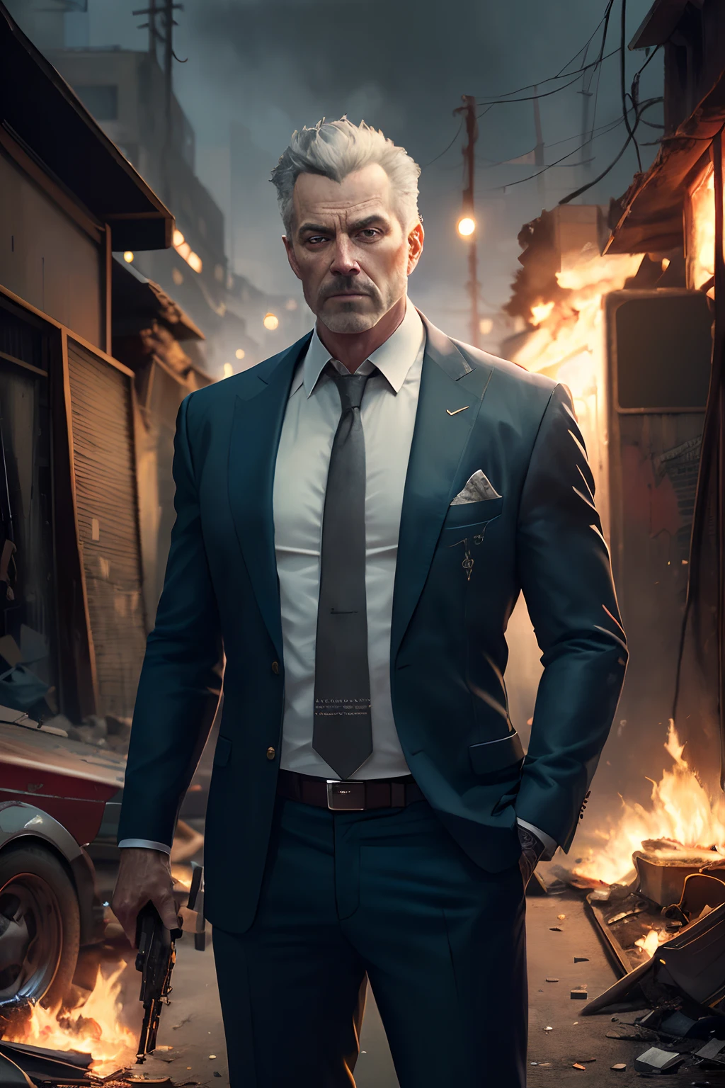 award winning photo of a mature man, sirsean,(realistic, photo-realistic:1.4),(sharp focus:1.4),
(detective:1.2), (fancy suit:1.1), smirk, (ultra detailed face and eyes:1.1), (album art:1.1), slum cyberpunk, frown, (slum old garage:1.1), (artpunk:1.0), unique pose, (trigun:1.1), (masterpiece:1.1), best quality, run-down, ultra high detail, (by antoine blanchard and casey baugh:1.1), (by zdzislaw beksinski:0.8), extremely intricate, extreme detail, raytracing, reflections, beautiful lighting, (harsh lighting:1.1), (High Saturation Clarity Contrast, deep levels, sharp, retouched, color graded:1.1), soft lighting, cinematic, (heavy contrast:1.2),sharp focus,,burning,(breathing fire),(explosion),fiery tail,