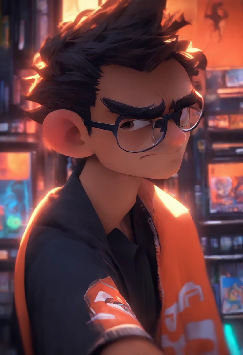 (Estilo Pixar),Menino latino de quinze anos, Terrifying office,Mochilas,eyeglass, cabelo preto com corte moderno, rosto fino, nariz um pouco grande, Modelo de personagem em miniatura, Realistic proportions, Post-processing, ((perspectiva ortogonal)), Super Detalhe, Realistic, super realistic, photoreal render, cores preto e laranja, rosto fino, nariz grande, detailed cenary, foco no personagem