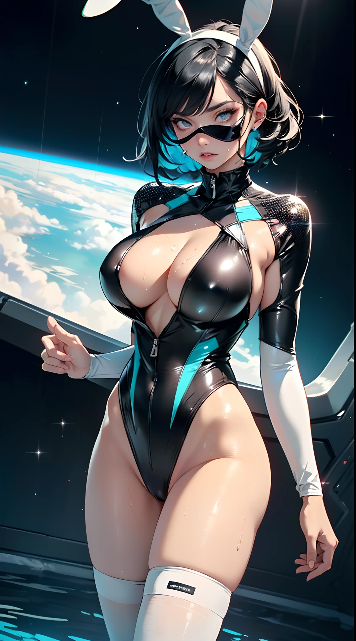 cute bunny girl,(((1girl))),((bunny girl with extremely cute and beautiful black hair)),(((bunny girl,anthro furry cute,bunny-girl,bunny ears,bunny ears on head,big bunny ears))),
(large breasts:1.4),saggy breasts,(((black hair:1.35,colored inner hair,ear breathing,short hair))),((heterochromia:1.5, (pink_eye and blue_eye))),intricate eyes,beautiful detailed eyes,symmetrical eyes,((fat)),(((lustrous skin:1.5,bright skin: 1.5,skin tanned,shiny skin,very shiny skin,shiny body,plastic glitter skin,exaggerated shiny skin,illuminated skin,wet legs))),(spider lower abdomen,narrow waist,wide hip,athletic body,inflated legs,detailed body,(detailed face)),
cute,slutty,seductive,erotic,(((nsfw))),
zettai ryouiki,((slingshot swimsuit black,wearing a slingshot swimsuit outfit:1.3,swimsuit type spacesuit,black armor swimsuit:1.3)),(((huge cleavage))),((wet clothes,intricate outfit,intricate clothes)),
(dynamic pose:1.0),solo focus,embarrassed,(centered,scale to fit dimensions,Rule of thirds),
cyberpunk city by the ocean at night, with bright neon signs and dark stormy clouds and puddles, scenery:1.25,
highres, sharp focus, (ultra detailed, extremely detailed), (photorealistic artwork:1.37),(extremely detailed CG unity 8k wallpaper),((synthwave background theme)),(((vibrant colors))),(intricate background),(masterpiece),(best quality),
