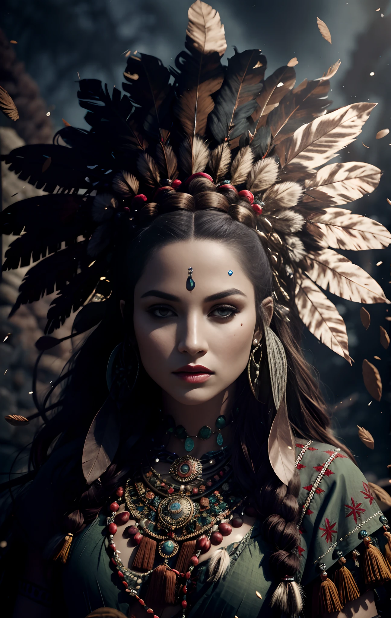 (full portrait), (half shot), solo, detailed background, detailed face, (stonepunkAI, stone theme:1.1), wise, (female), (native american), (beautiful hair, braids:0.2), shaman, septum piercing, mystical, (gorgeous face), stunning, head tilted upwards, (serene expression), calm, Seafoam Green frayed clothes, prayer beads, tribal jewelry, feathers in hair, headdress:0.33, jade, obsidian, detailed clothing, cleavage, realistic skin texture, (floating particles, water swirling, embers, ritual, whirlwind, wind:1.2), sharp focus, volumetric lighting, good highlights, good shading, subsurface scattering, intricate, highly detailed, ((cinematic)), dramatic, (highest quality, award winning, masterpiece:1.5), (photorealistic:1.5), (intricate symmetrical warpaint:0.5),
