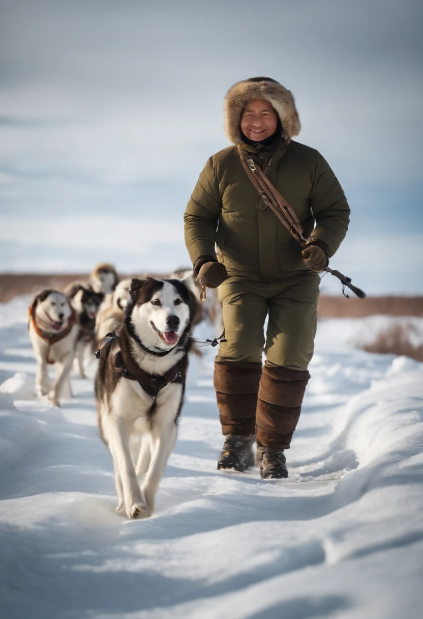 Masterpiece:1.2, Best Quality), Realistic, (real picture, intricate details, Depth of field:0,8 ),beste-Qualit, 4k, 8K, ah high, Master Part:1.2), overdetalization, Realistic, Spring steppe tundra without mountains, brightly, Sunny, An old Yakut-Chukchi in bright national clothes rides a dog sled of 12 dogs, On the head is an audio headphone, happily listening to music, looking at the viewer. Radio waves are flying in the air, Birds, Ice floes and icebergs in the background