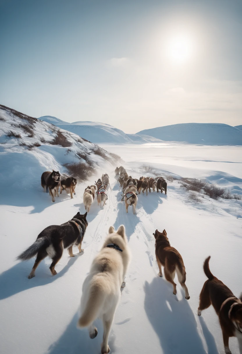 Masterpiece:1.2, Best Quality), Realistic, (real picture, intricate details, Depth of field:0,8 ),beste-Qualit, 4k, 8K, ah high, Master Part:1.2), overdetalization, Realistic, Spring steppe tundra without mountains, brightly, Sunny, An old Yakut-Chukchi in bright national clothes rides a dog sled of 12 dogs, On the head is an audio headphone, happily listening to music, looking at the viewer. Radio waves are flying in the air, Birds, Ice floes and icebergs in the background