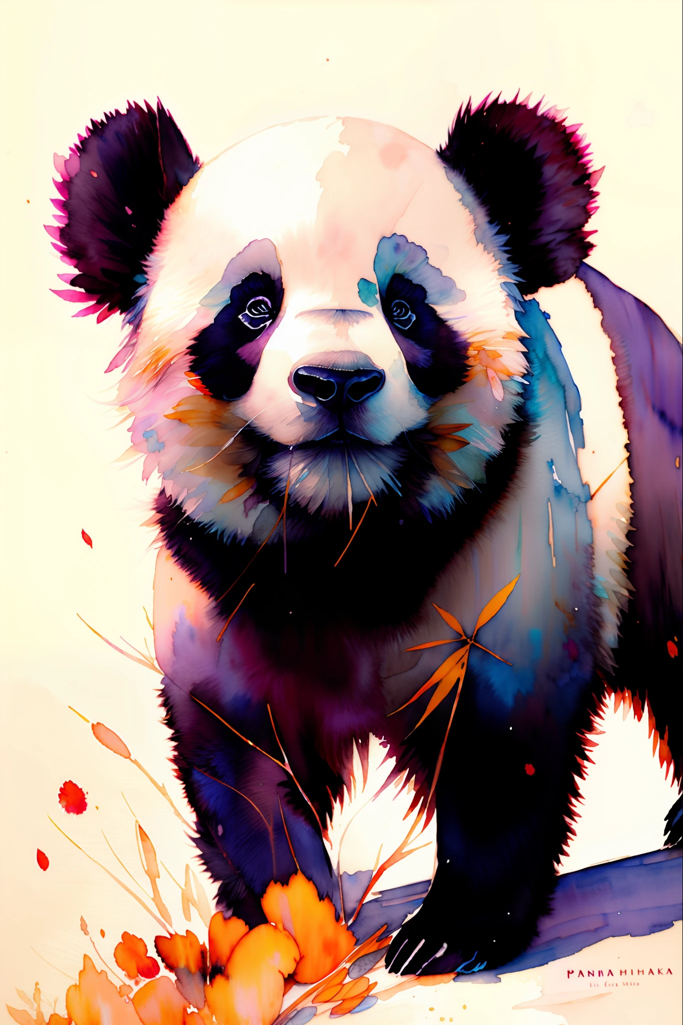 wtrcolor style, digital art for (panda character), official art, closeup, masterpiece, beautiful, ((watercolor)), front face, smile, detailed eyes, paint splatter, intricate details, very detailed, [dripping:0.7], Trending on Artstation, Jean Haines,