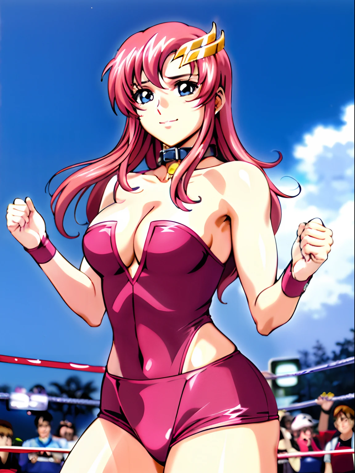 (((pink strapless wrestling outfit, collar))), (masterpiece, standing , 4K, Best Quality, Anime style: 1.9,, Adult Woman, ultra detailed face, (cloud background, wrestling), Drawing lines, high resolution, Anime, lacus4), 1girl, Solo, curvy figure, Long hair, 鎖骨, scapular, (Detailed wide hair bangs, Hair Ornament, Detailed reddish-pink hair, golden crest), cleavage, large hands, (pro female wrestler). (Big blue eyes, shiny eyes), ((female wrestler, little biceps, slender body, hourglass figure, broad shoulders, closed fists, closed mouth)), ((perfect proportions, medium breasts, cleavage, long belly)), (((mini pink wrestling outfit))), ( looking at the viewer, dynamic, smile),