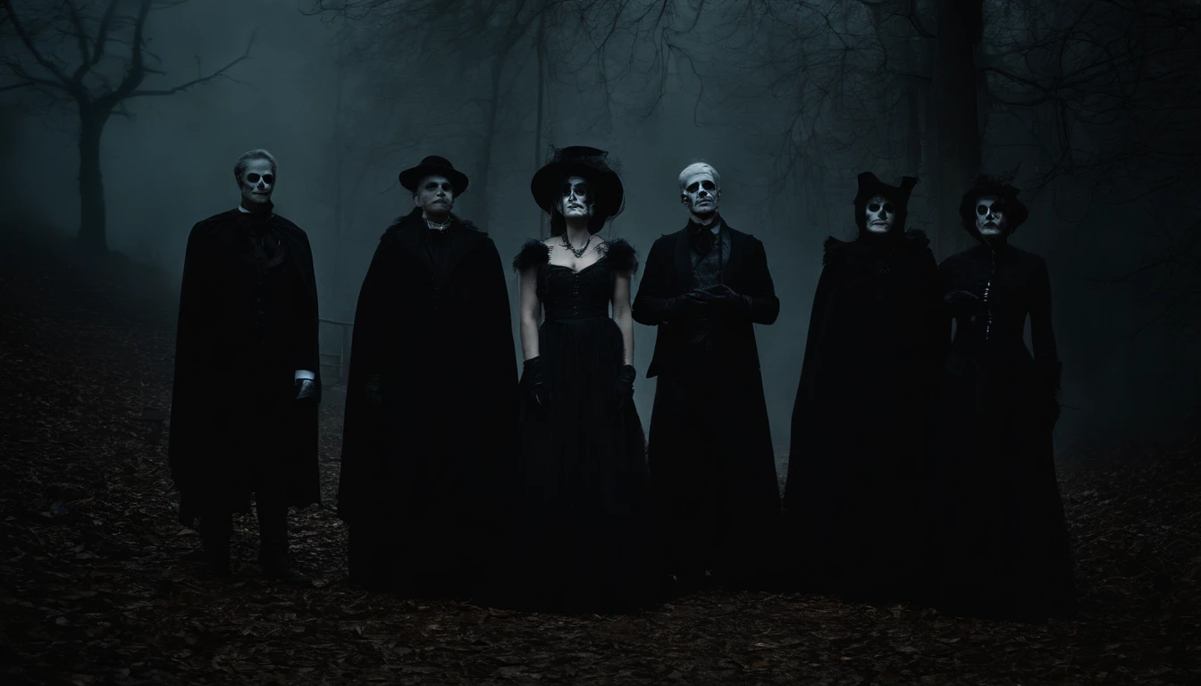 (best quality,highres,masterpiece:1.2),ultra-detailed,realistic,horror,group of people,fancy dress costume,scary atmosphere,dark lighting,spooky background,haunting expression,eerie makeup,terrifying masks,creepy ambiance,horror movie style,gothic setting,disturbing vibes,macabre decor,unsettling shadows,mysterious fog,ominous atmosphere,costumed guests,ghastly appearance,nightmarish theme,eerie ambiance,gloomy setting,blood-curdling scene,haunting details,terrifying figures,unsettling environment,cryptic props,horror-themed party,creepy costumes,frightening decorations,horror movie characters,fear-inducing visuals,eerie soundtrack,vivid colors,dramatic lighting,hauntingly realistic,horror fanatics,dark and twisted.