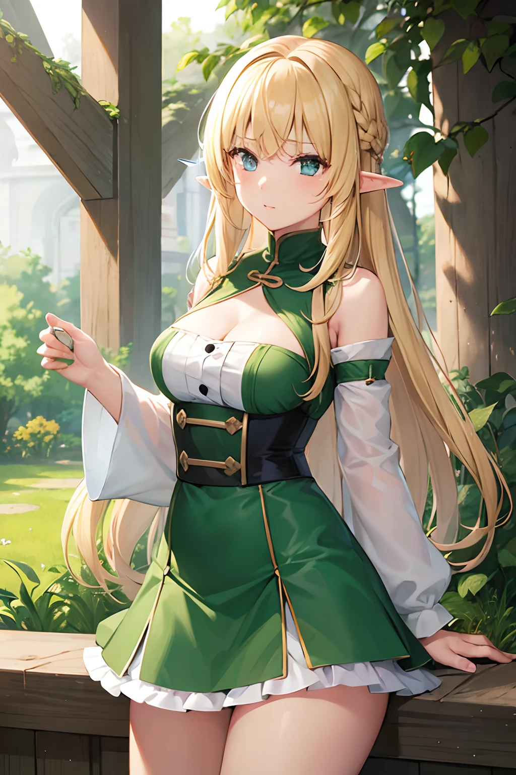 (((masterpiece:1.5))), (((best quality:1.5))), (ultra-detailed, high-resolution, 8k unity, pixiv, illustration, detailed beautiful face and eyes, perfect anatomy), nsfw, sex with one man, sex from behind, elf, long hair, blonde hair, embarrassed, naughty expression, excited, moaning in pleasure, outdoor, forest, leafa alicization, green eyes, blonde hair, long hair, ponytail, hair between eyes, bangs, twin braids, hair tubes, hair ornament, green dress, black gloves, garter straps, white thighhighs, white footwear, sword art online, sword art online alicization, large breasts, earth goddess terraria, earth goddess, terraria, sex, 1boy, 1girl, grabbing from behind, fully nude