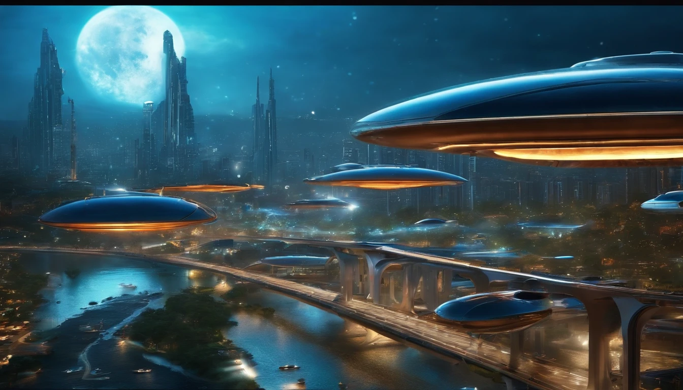 Science fiction book city,Cars fly in the sky,The feeling of a city in the sky,Spaceship,Blue water droplets,k hd