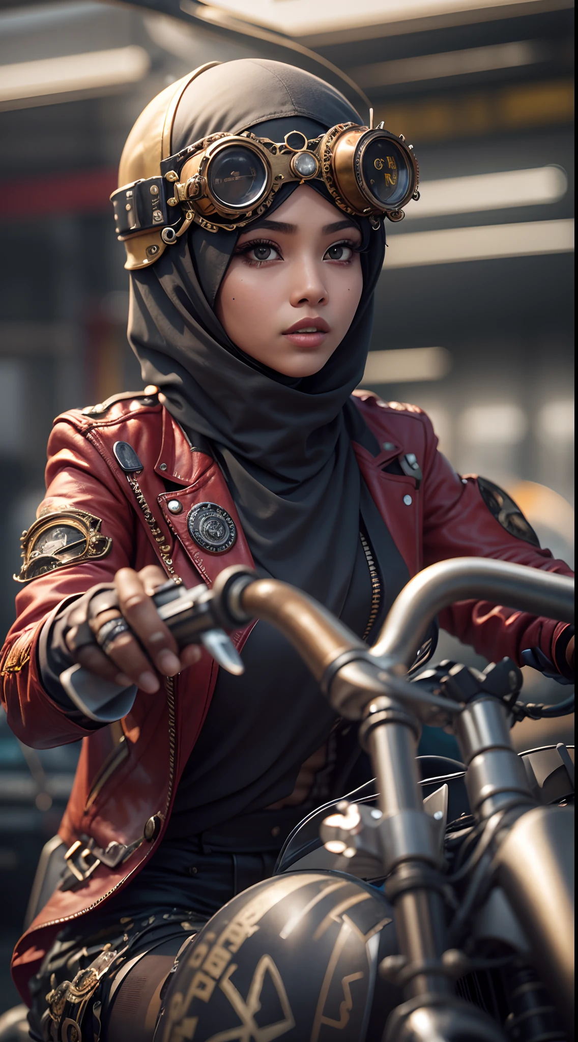 Produce a visually striking 8K AI-generated image of a Malay hijab girl drag racer in his 20s within a steampunk-inspired world. Use photorealism to bring out the racer's personality and determination, while also infusing the image with the intricate and imaginative details of a steampunk setting. Apply depth of field to create a captivating composition that immerses the viewer in the racer's world.