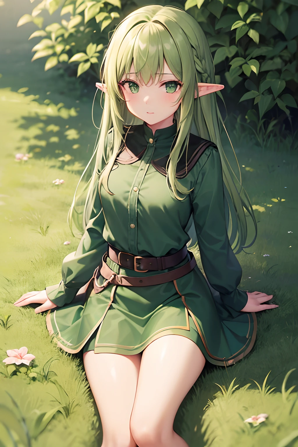 1girls, elf girl, Brune-Haar, lange Haare, green clothes, wears a skirt, green eyes, sitzt mit den beinen in meine richtung auf dem grass, wird ganz rot vor scharm, Holds on to your skirt