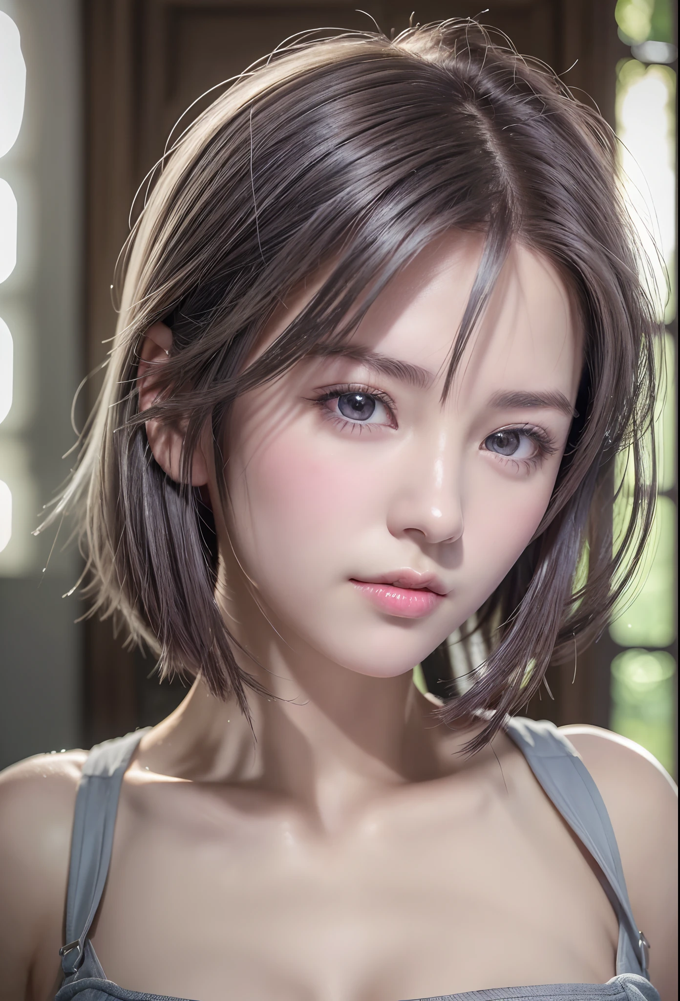 (8K, Photorealistic, Raw photo, of the highest quality: 1.3), (1girl in), Super beautiful, (Realistic face), (boyish, Silver Color Berry Shorthair), Beautiful , Glare that captivates the viewer, Beautiful expression, Beautiful breasts, (Realistic skin), Beautiful...