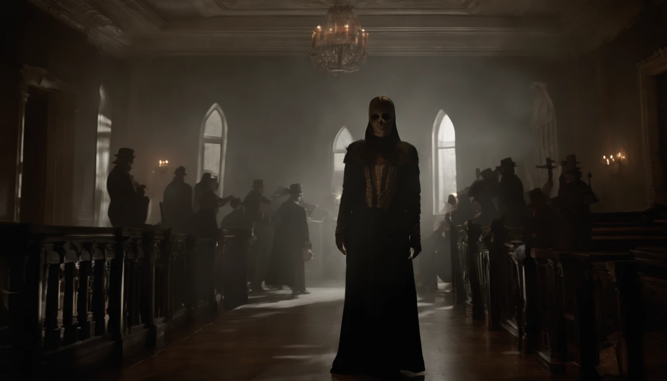 (melhor qualidade,Altas,master part:1.2),ultra-detalhado,Realistic,horror,grupo de pessoas,fantasia fantasia vestido,atmosfera assustadora,Dark lighting,fundo assustador,haunting expression,maquiagem estranha,Terrifying Masks,ambiente assustador,estilo de filme de terror,gothic scenario,Disturbing vibrations,Macabre Decoration,sombras inquietantes,nevoeiro misterioso,atmosfera sinistra,convidados fantasiados,ghastly appearance,Tema Pesadelo,ambiente sinistro,gloomy setting,cena de coalhada de sangue,Detalhes assombrosos,Terrifying numbers,ambiente inquietante,Cryptic Props,Horror Theme Party,Trajes assustadores,Spooky Decorations,personagens de filmes de terror,visuais indutores de medo,trilha sonora sinistra,vivid colors,dramatic lighting,assustadoramente realista,Fanatics for terror,escuro e retorcido.