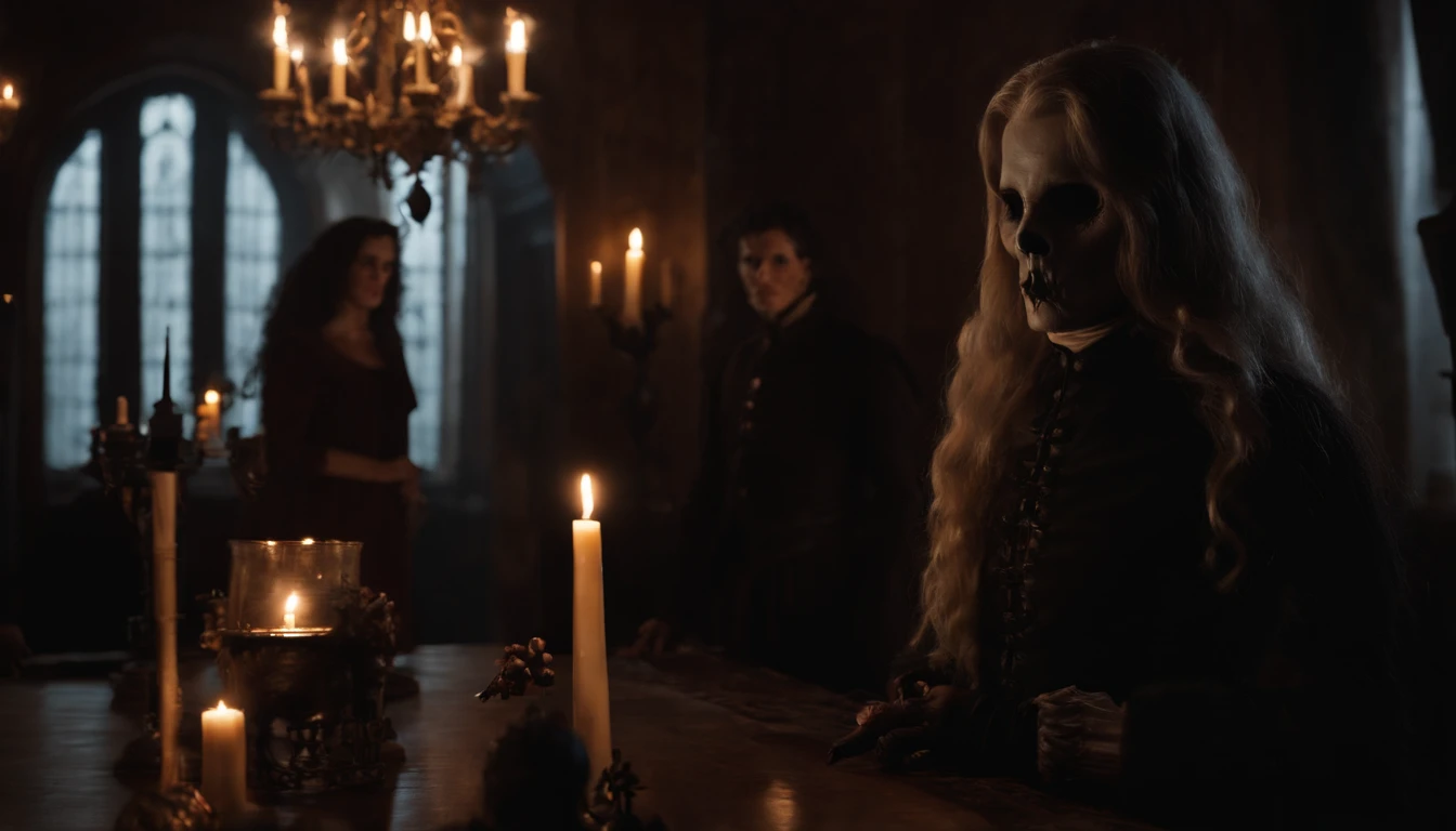 (melhor qualidade,Altas,master part:1.2),ultra-detalhado,Realistic,horror,grupo de pessoas,fantasia fantasia vestido,atmosfera assustadora,Dark lighting,fundo assustador,haunting expression,maquiagem estranha,Terrifying Masks,ambiente assustador,estilo de filme de terror,gothic scenario,Disturbing vibrations,Macabre Decoration,sombras inquietantes,nevoeiro misterioso,atmosfera sinistra,convidados fantasiados,ghastly appearance,Tema Pesadelo,ambiente sinistro,gloomy setting,cena de coalhada de sangue,Detalhes assombrosos,Terrifying numbers,ambiente inquietante,Cryptic Props,Horror Theme Party,Trajes assustadores,Spooky Decorations,personagens de filmes de terror,visuais indutores de medo,trilha sonora sinistra,vivid colors,dramatic lighting,assustadoramente realista,Fanatics for terror,escuro e retorcido.