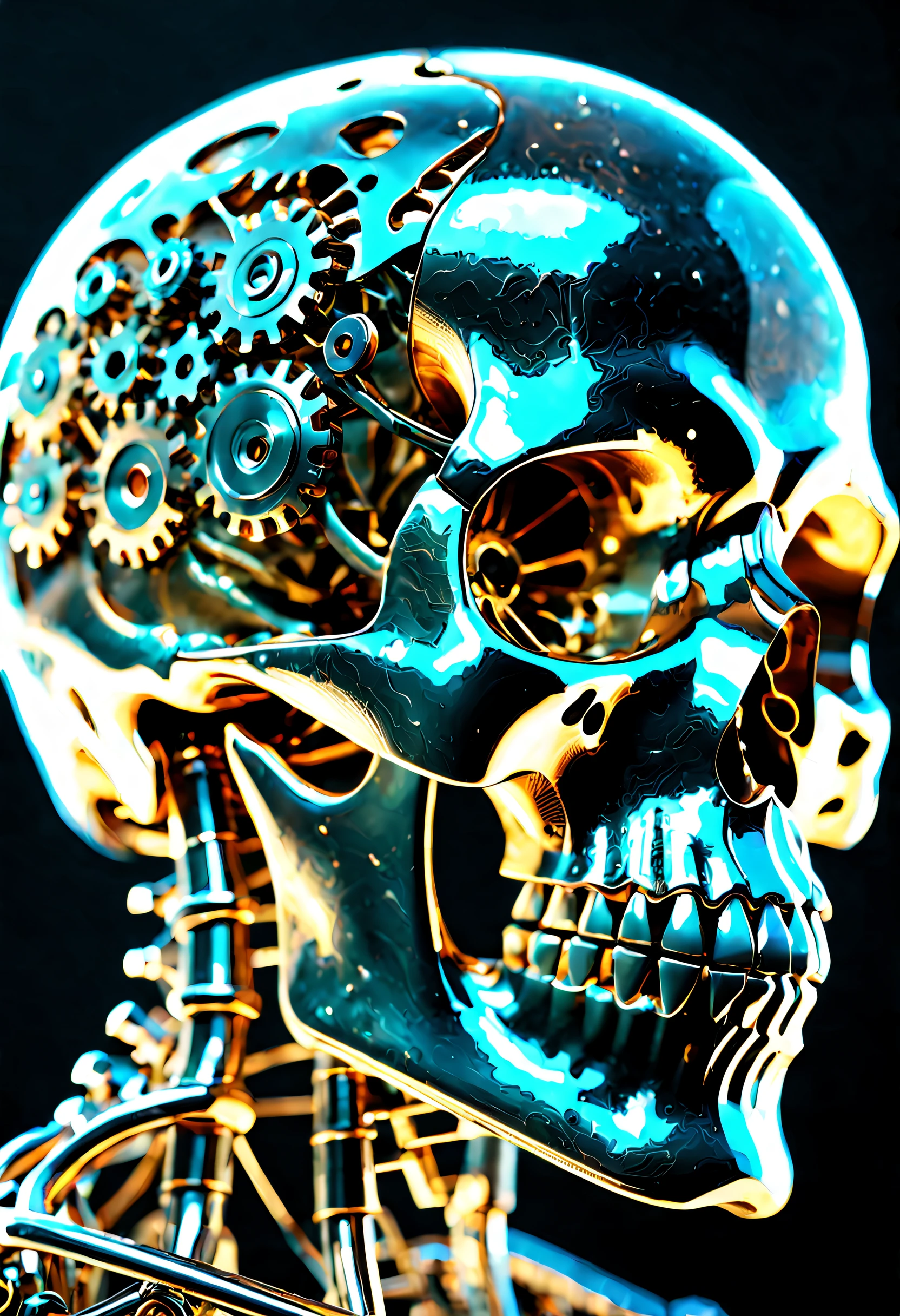 "A minimalist profile illustration of a mechanical skull, inspired by The Wizard of Oz, in the style of Olly Moss. The head has a skeletal structure with mechanical features—gears, bolts, and pistons integrated into the design. Hollow eyes and a partially open jaw are rendered with clean, bold lines, while exposed wires and cables extend from the back, suspending the head in a cold, industrial fashion. The design emphasizes the mechanical elements, with a metallic color palette and deep shadows. The image uses negative space to create a striking, modern, and slightly eerie atmosphere, blending the organic form of a skull with industrial machinery."