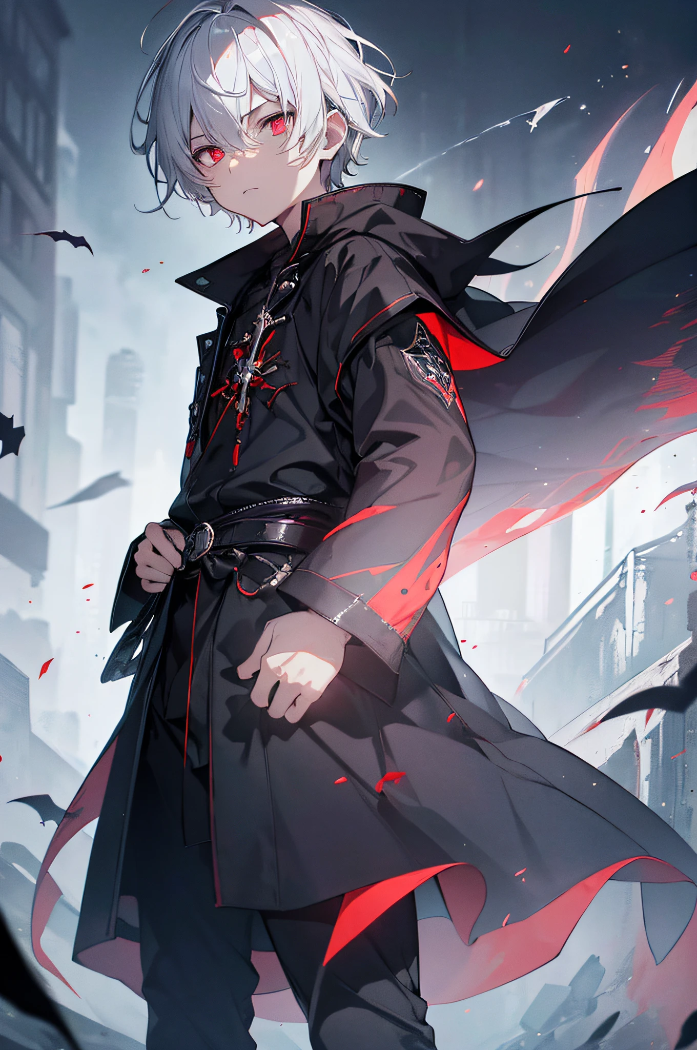 (best quality,highres,ultra-detailed,realistic:1.2),young boy with white hair and dark red eyes, depicted with extreme detail, emanating a dark aura, resembling a half demon, standing in a mysterious scene of darkness and shadows, dressed in a black cloak, holding a glowing ancient katana. The boy's face shows a mix of determination and darkness, with sharp features and intense gaze. The background is filled with eerie mist and faint glimpses of ominous symbols. The lighting is dim and accentuates the boy's ethereal presence.