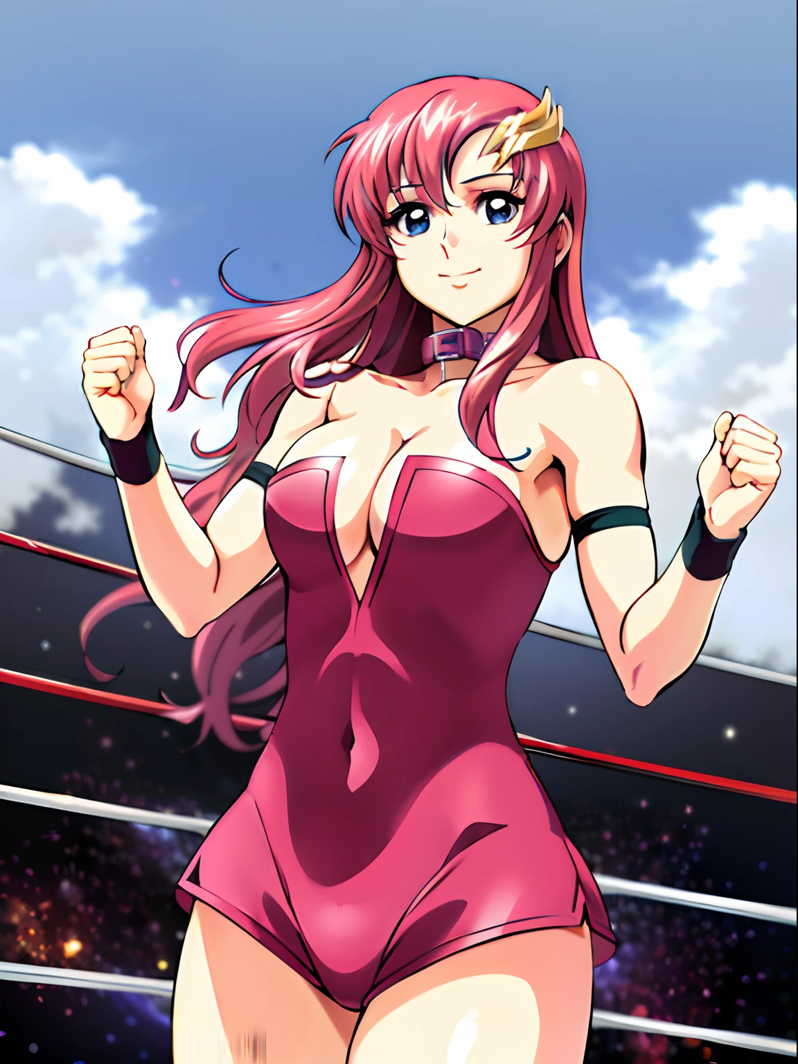 (((pink strapless wrestling outfit, collar))), (masterpiece, standing , 4K, Best Quality, Anime style: 1.9,, Adult Woman, ultra detailed face, (cloud background, wrestling), Drawing lines, high resolution, Anime, lacus4), 1girl, Solo, curvy figure, Long hair, 鎖骨, scapular, (Detailed wide hair bangs, Hair Ornament, Detailed reddish-pink hair, golden crest), cleavage, large hands, (pro female wrestler). (Big blue eyes, shiny eyes), ((female wrestler, little biceps, slender body, hourglass figure, broad shoulders, closed fists, closed mouth)), ((perfect proportions, medium breasts, cleavage, long belly)), (((mini pink wrestling outfit))), ( looking at the viewer, dynamic, smile),