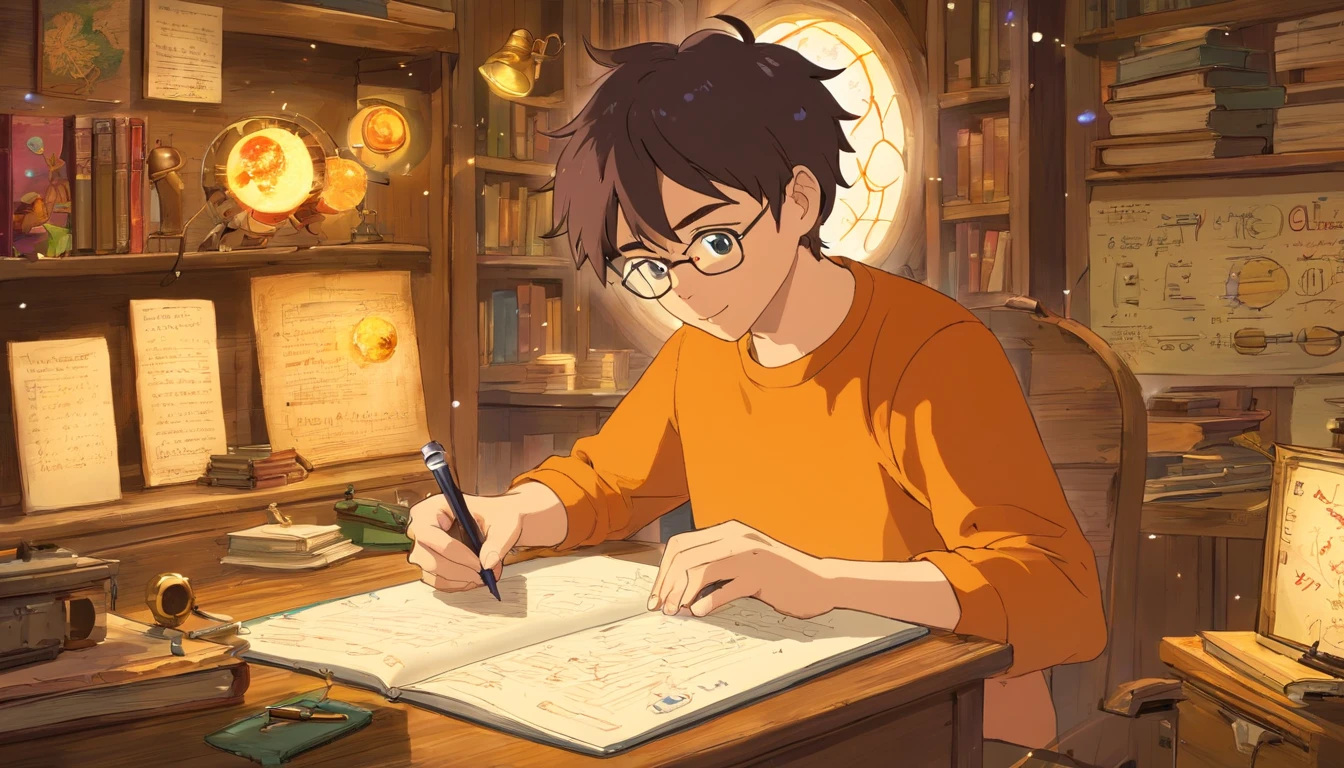An energetic 23-year-old man, deeply immersed in the world of physics. His eyes sparkle with curiosity and determination as he delves into complex equations and theories. Com um olhar focado, He delves into scientific research in his state-of-the-art laboratory, surrounded by state-of-the-art equipment and meticulously organized notebooks. He is passionate about unraveling the mysteries of the universe and is determined to contribute to the advancement of science. The air is filled with an intense atmosphere of scientific inquiry and the smell of freshly brewed coffee feeds your restless mind. The room is bathed in a soft, warm light accentuating the precision of its scientific instruments. The walls are adorned with colorful posters illustrating fundamental concepts of physics, reminding him of his role in the scientific community. The monotonous sound of the pen scratching on the paper punctuates the silence, evidence of his relentless pursuit of knowledge. As your research progresses, His face lights up with excitement and joy, Knowing that His work has the potential to reshape our understanding of the world. The vibrant colors of its surrounding environment reflect the intricacies and complexities of the physical world, reinforcing their fear and reverence for the laws of nature. Cada detalhe do seu rosto, from the graceful arch of her eyebrows to the slight smile dancing on her lips, radiates an undeniable sense of purpose and enthusiasm. The fusion of scientific instruments, livros, and the equations serve as the backdrop for his intellectual journey, providing an inspiring canvas for the exploration of fundamental truths. Junto com seus colegas pesquisadores, He embarks on an extraordinary journey toward scientific discovery, their collective efforts going beyond the limits of our knowledge. Image quality is of utmost importance, com cada detalhe renderizado em detalhes requintados. The colors are vivid and rich, capture the essence of scientific pursuit. O li