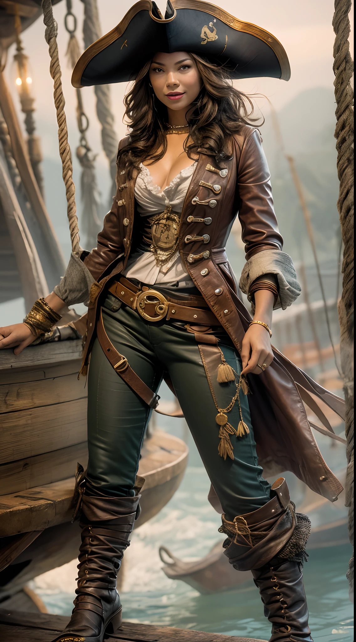 Capture the spirit of adventure as the Malay woman transforms into a pirate captain, wearing a weathered leather jacket, tricorn hat, and boots, posed on a pirate ship's deck.