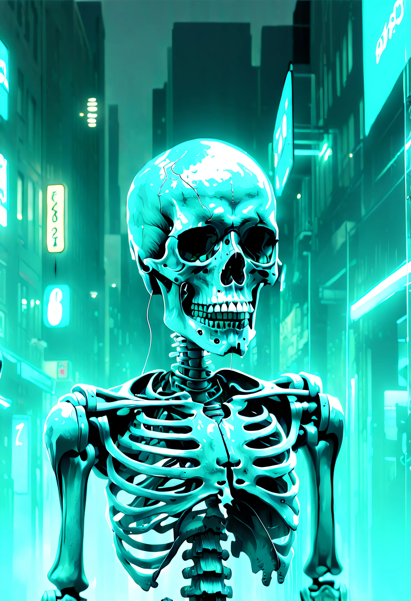 Complex illustrations in surrealist art style，skeleton head，Skeleton Hero，A skeleton who knows martial arts，polaroid photograph, filmgrain,  (Cyberpunk:1.3), The new black, astonished, (desolving:1.3), (disintegrating:1.3), (disappear:1.3)
Poignant moment as a virtual hologram humanoid，Skull says goodbye to the real world, her (Cyan:0.8) The appearance is (Transparent skull:1.3) (fading:1.3) (Numerical solubility:1.3) Into (Code flow:1.3). 
The background is (Numbers Numbers:1.3)