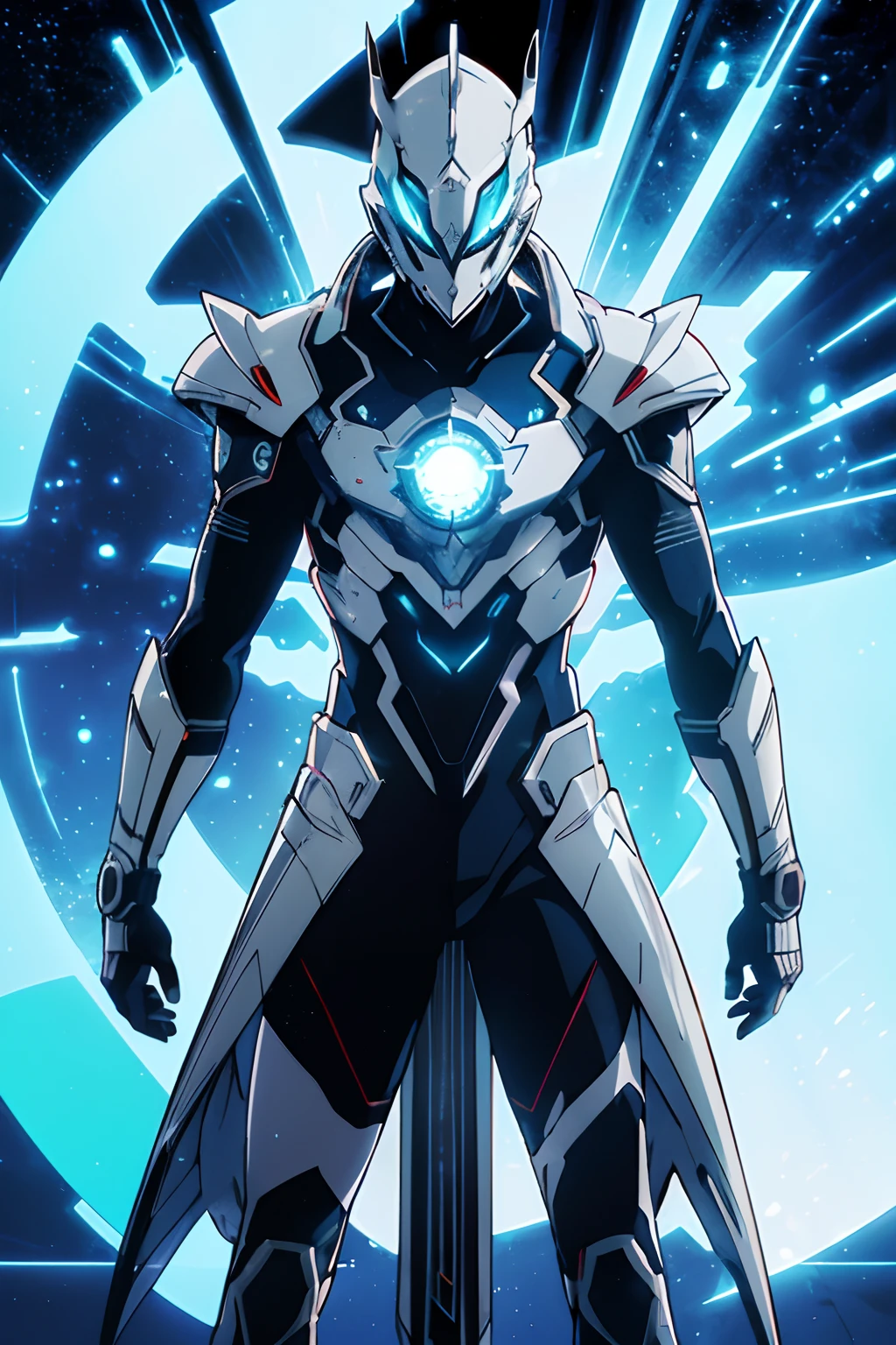 realista, anime, brilhante, reflexivo, bioluminico, homem, ((com armadura futurista incrivelmente detalhada)), (((capa longa))), Runas brilhantes_vermelho, (corpo inteiro), cinemnatic, fundo escuro, luz de fundo, Alto contraste