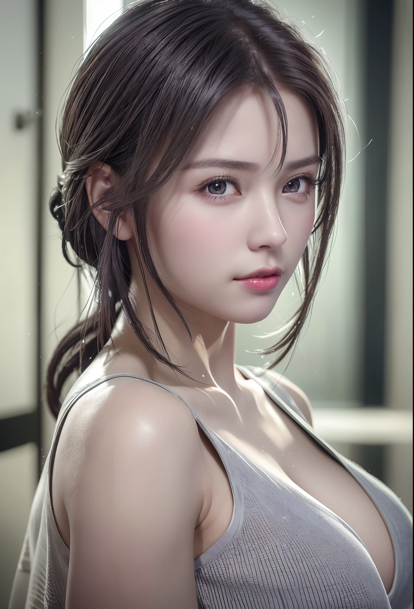 (8K, Photorealistic, Raw photo, of the highest quality: 1.3), (1girl in), Super beautiful, (Realistic face), (boyish, Silver Color Berry Shorthair), Beautiful , Glare that captivates the viewer, Beautiful expression, Beautiful breasts, (Realistic skin), Beautiful...