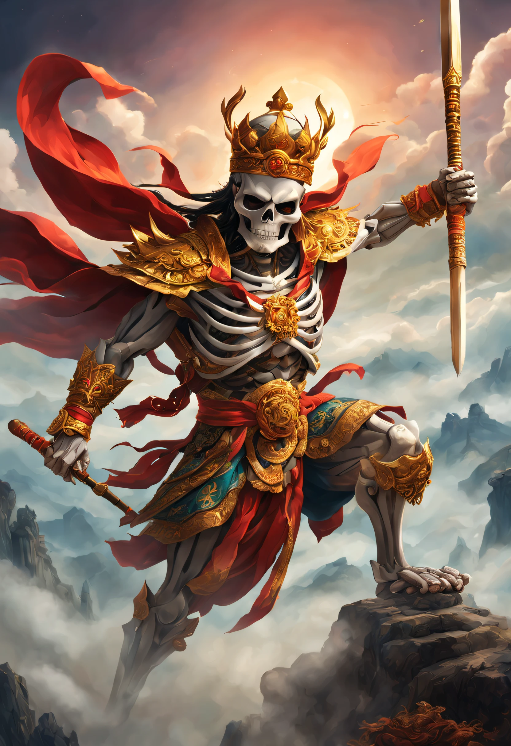 (Best quality, A high resolution),skeleton head,Skeleton statue thinker,A skeleton who knows martial arts,Beautiful detailed eyes, beautiful detailed lips, Unique golden crown, Traditional Chinese costumes, strong and muscular, mischievous grin, Flying in the sky, Surrounded by clouds, holding a golden staff, majestic pose, epic battle scene, Dynamic movements, Martial arts, Ancient mythical creatures, Magical power, Supernatural abilities, fiery aura, A magical transformation, Buddhist symbolism, Journey to the West, mythological landscape, Mysterious ancient temple, Mysterious fog, Vibrant colors, Dramatic lighting, intense shading, Surreal art style, A mysterious and vibrant color palette, spellbinding,Evocative