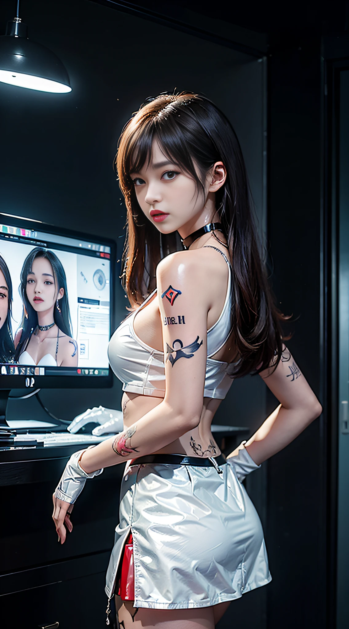 ((masterpiece:1.4)、(top-quality:1.4)、(reallistic:1.7))、masuter piece:1.4、(Top-of-the-line rendering:1.4)、(Female SWAT member of the 73rd Division of the Space Federation:1.4)、Super Beautiful Investigator、(hold a gun:1.2)、Body Fit Sexy Uniform、(Glossy luxury latex:1.4)、(Navy blue sleeveless uniform jacket)、(Underwear White Sexy Super Ultra Bikini)、(Luxury Red Latex:1.4)、(Red pleated mini skirt:1.4)、22year old、(Cute tattoos:1.4)、(Wearing white gloves)、Kawaii Girl、Super beauty、foco nítido、Portrait photos、(Perfect female body:1.4)、perfectly proportions、Upper body photography:1.4、beautiful countenance、Fearless look、beautidful eyes、Narrow waist、beauty legs、(length hair:1.2)、Beautiful udder、large full breasts:1.2、Sexy ass、(Standing facing the front:1.4)、Raw photo、red-lips、Red high heels:1.4、a choker:1.4、a necklace:1.4、耳Nipple Ring:1.4、1 screen display、Beautiful night view of Cyberpunk City:1.2