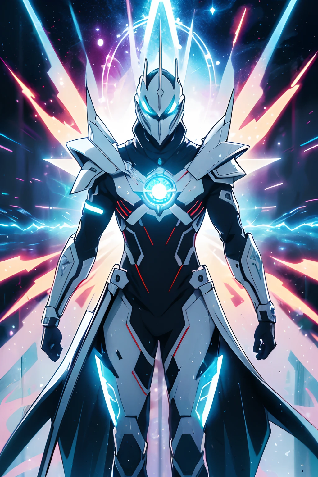 realista, anime, brilhante, reflexivo, bioluminico, homem, ((com armadura futurista incrivelmente detalhada)), (((capa longa))), Runas brilhantes_vermelho, (corpo inteiro), cinemnatic, fundo escuro, luz de fundo, Alto contraste
