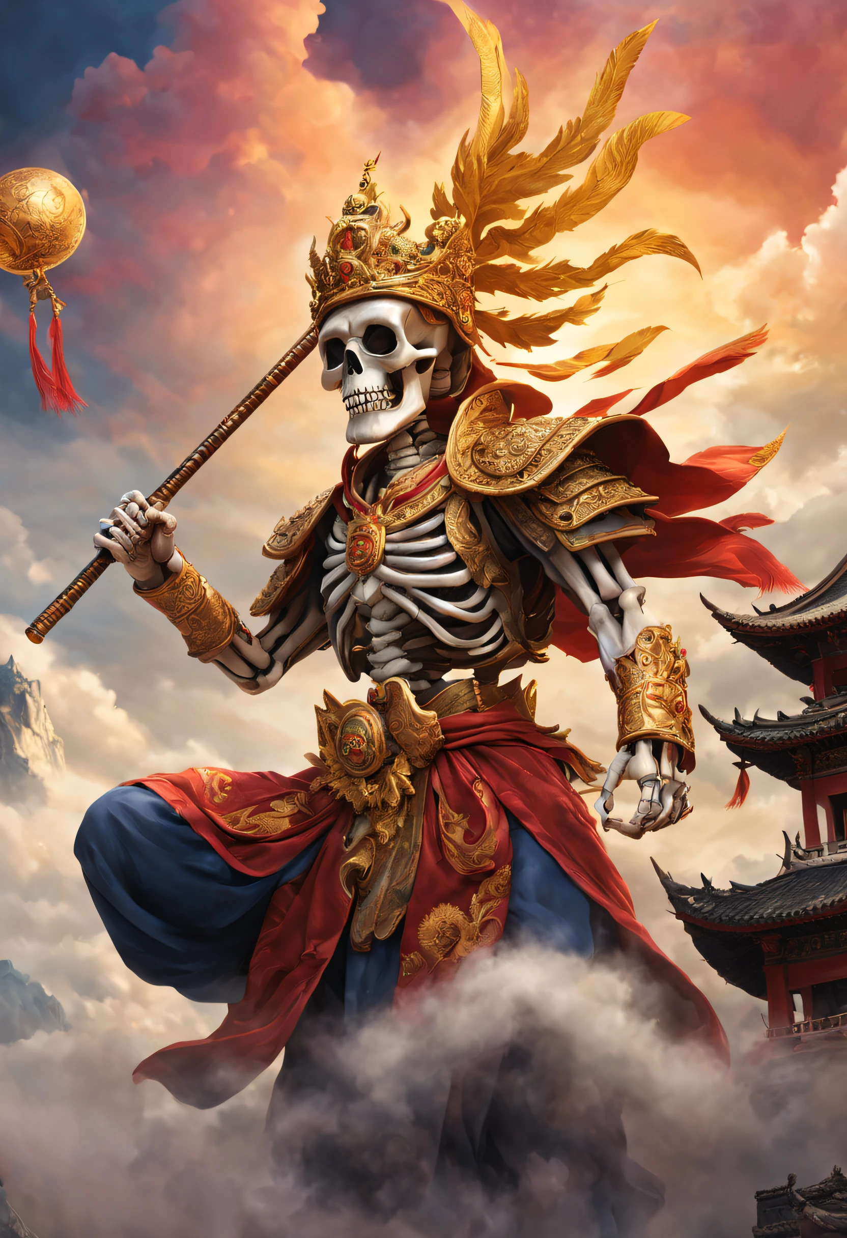 (Best quality, A high resolution),skeleton head,Skeleton statue thinker,A skeleton who knows martial arts,Beautiful detailed eyes, beautiful detailed lips, Unique golden crown, Traditional Chinese costumes, strong and muscular, mischievous grin, Flying in the sky, Surrounded by clouds, holding a golden staff, majestic pose, epic battle scene, Dynamic movements, Martial arts, Ancient mythical creatures, Magical power, Supernatural abilities, fiery aura, A magical transformation, Buddhist symbolism, Journey to the West, mythological landscape, Mysterious ancient temple, Mysterious fog, Vibrant colors, Dramatic lighting, intense shading, Surreal art style, A mysterious and vibrant color palette, spellbinding,Evocative