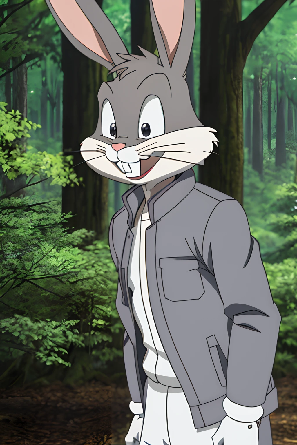 gloves, male, solo, bugs bunny, rabbit, buckteeth, forest, long ears, grey body, grey fur, white fur,furry,anime style, anime screencap, 2010s_\(style\), grin, forest, upper body, short-sleeved jacket with white lining,16k