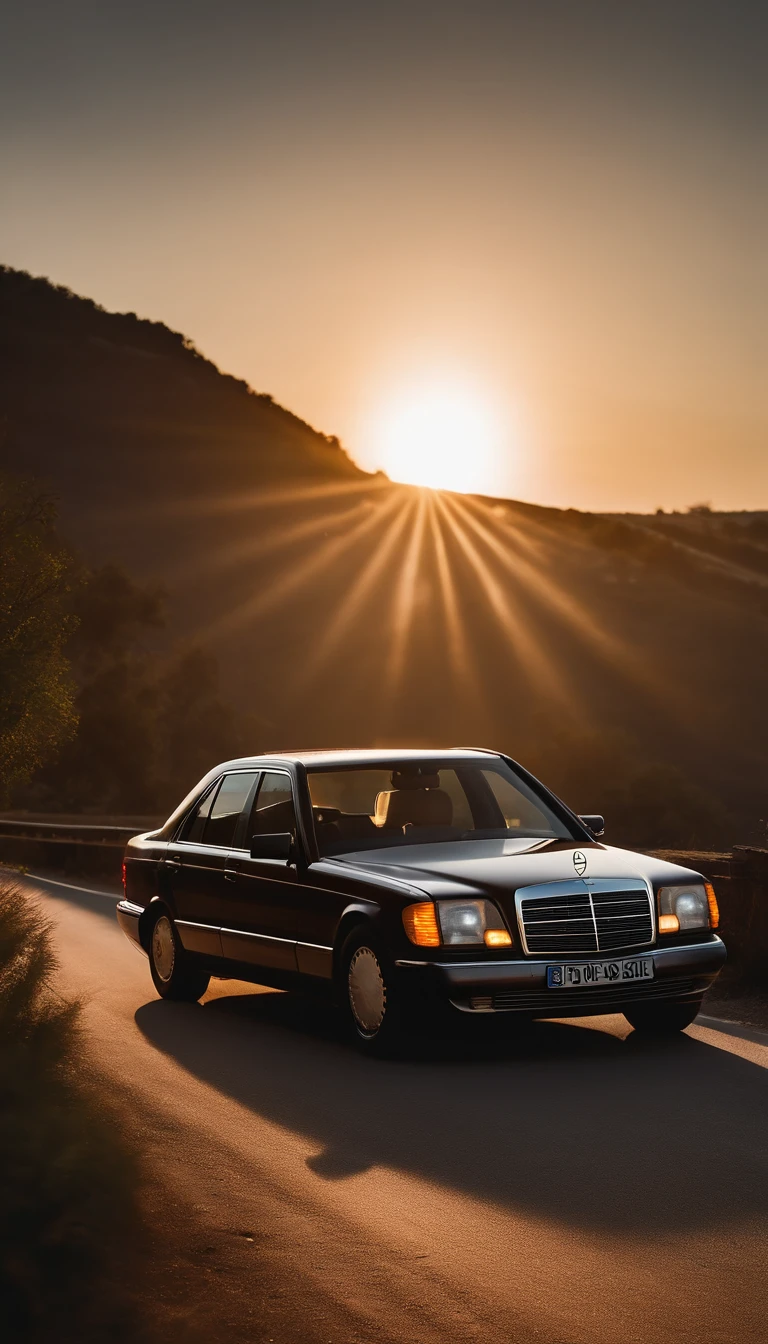 A sleek and luxurious Mercedes-Benz W140 S320 from the year 1992, gliding down a winding road with the sun setting behind it.