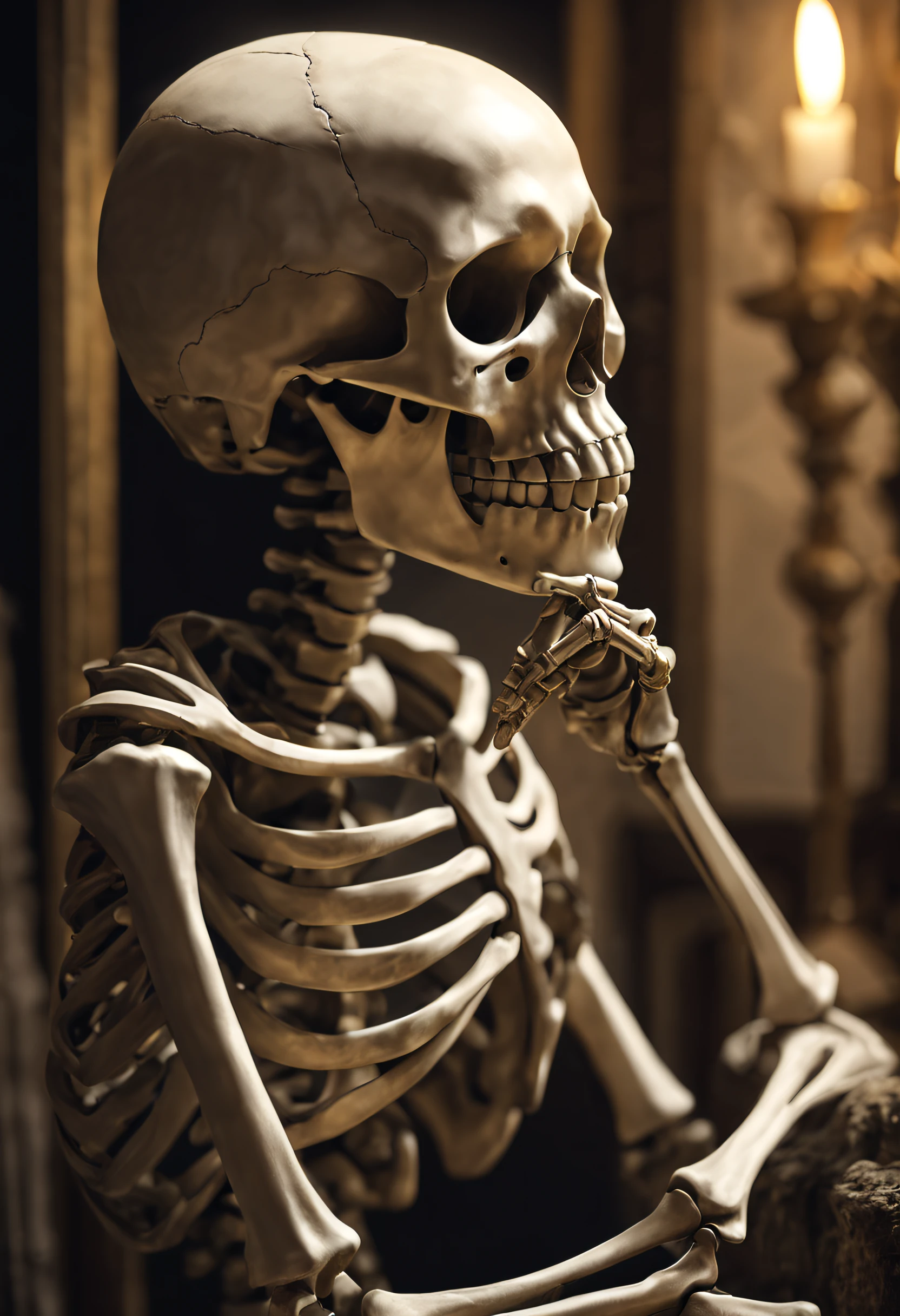skeleton head，Skeleton statue thinker，A thinking skeleton，simplebackground，（illustratio：1.0）、Epic composition、Realistic lighting、high definition detail、tmasterpiece、Best quality，（非常详细的 CG 统一 8k 壁纸）