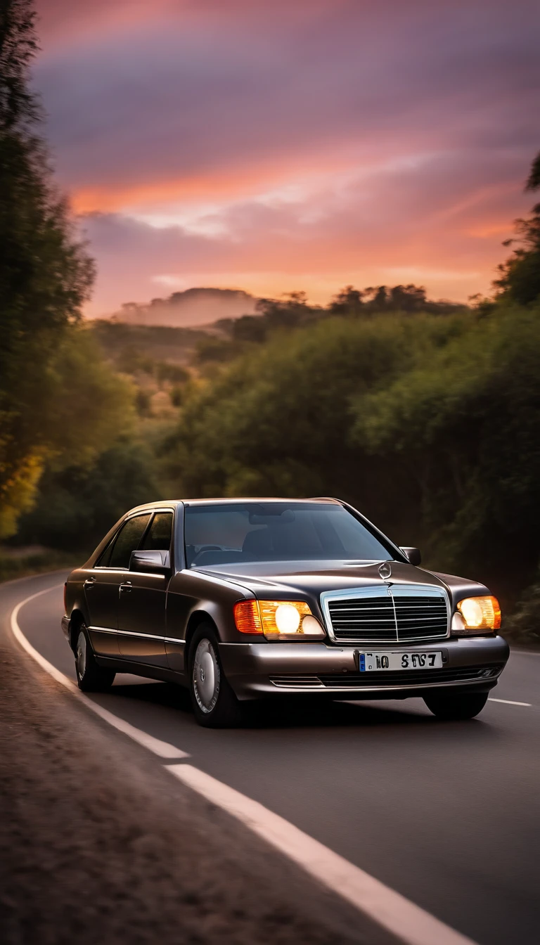 a sleek and luxurious mercedes-benz w140 s320 from 1992, gliding down a winding road, with the sun setting behind it, classic and elegant car, metallic silver paint, glossy finish, shining under warm sunlight, gentle curves, smooth lines, capturing the essence of timeless luxury, mesmerizing reflections on the body, chrome details shimmering, tinted windows adding an air of mystery, the road curving gently, surrounded by lush green trees, leaves rustling in the breeze, golden rays of the setting sun casting a warm glow, vibrant colors of the sky, hues of orange, pink, and purple, creating a breathtaking backdrop, the car effortlessly maneuvering, gliding through the twists and turns, engine purring like a symphony, capturing the essence of elegance and grace, a perfect harmony of power and beauty.