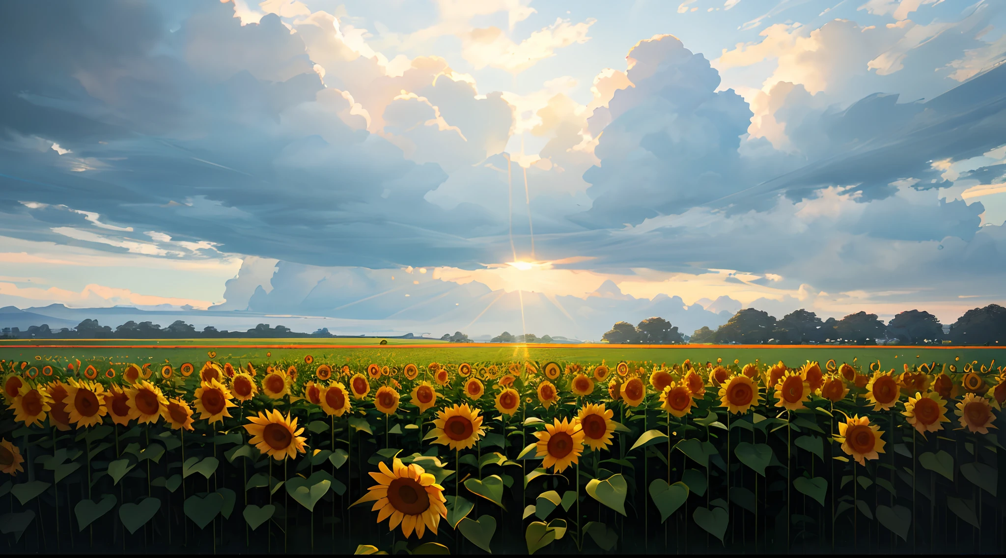 Huge grassland evening time ultra blooming sunflowers dark silvery clouds sunlight piercing through them cinematic view photorealistic