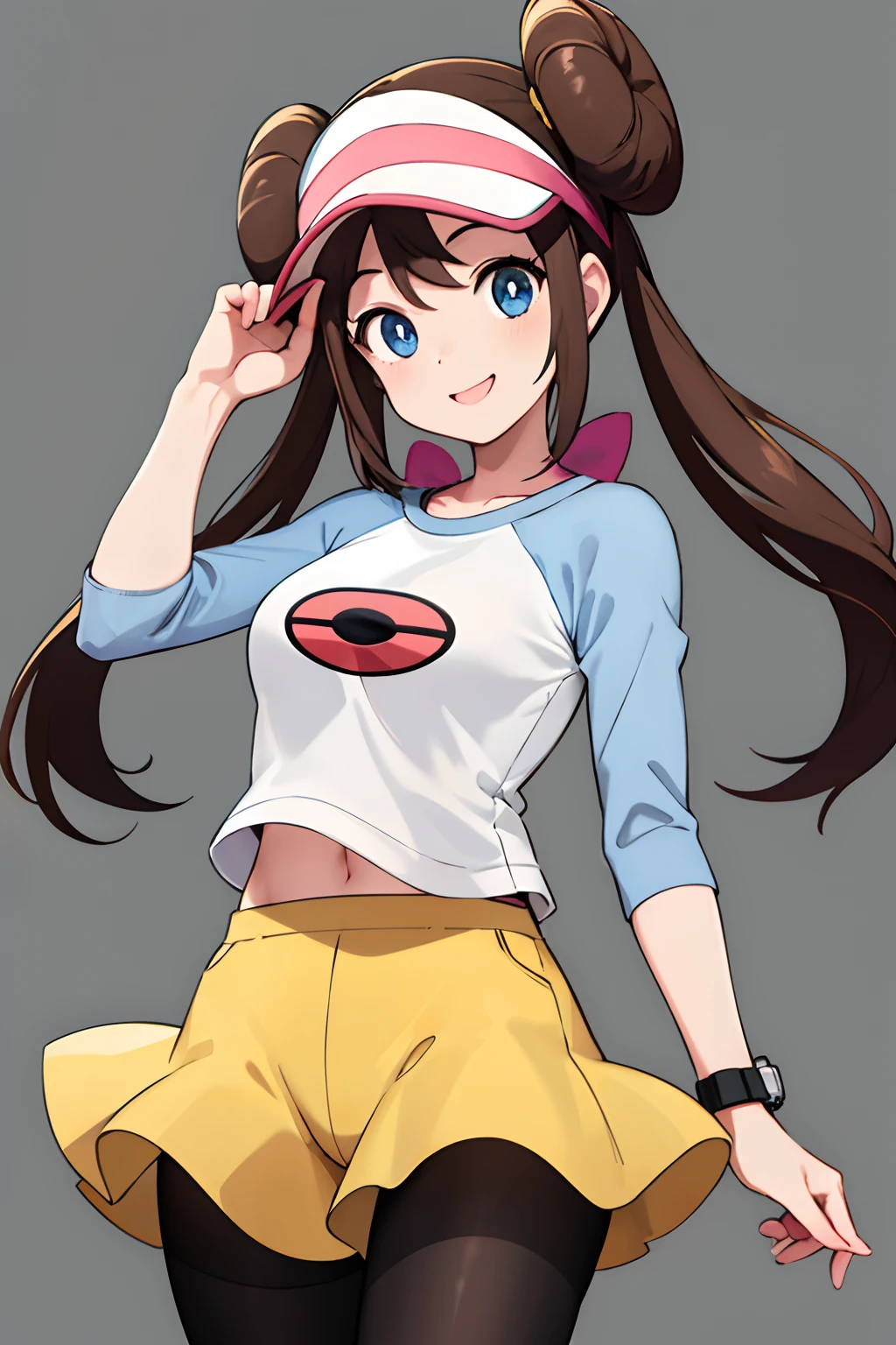 masterpiece, best quality, highres, ro1, hair bun, blue eyes, twintails, visor cap, pantyhose, raglan sleeves, yellow shorts, shirt, pink bow, wristwatch, standing, cowboy shot, field, poke ball \(basic\), smile