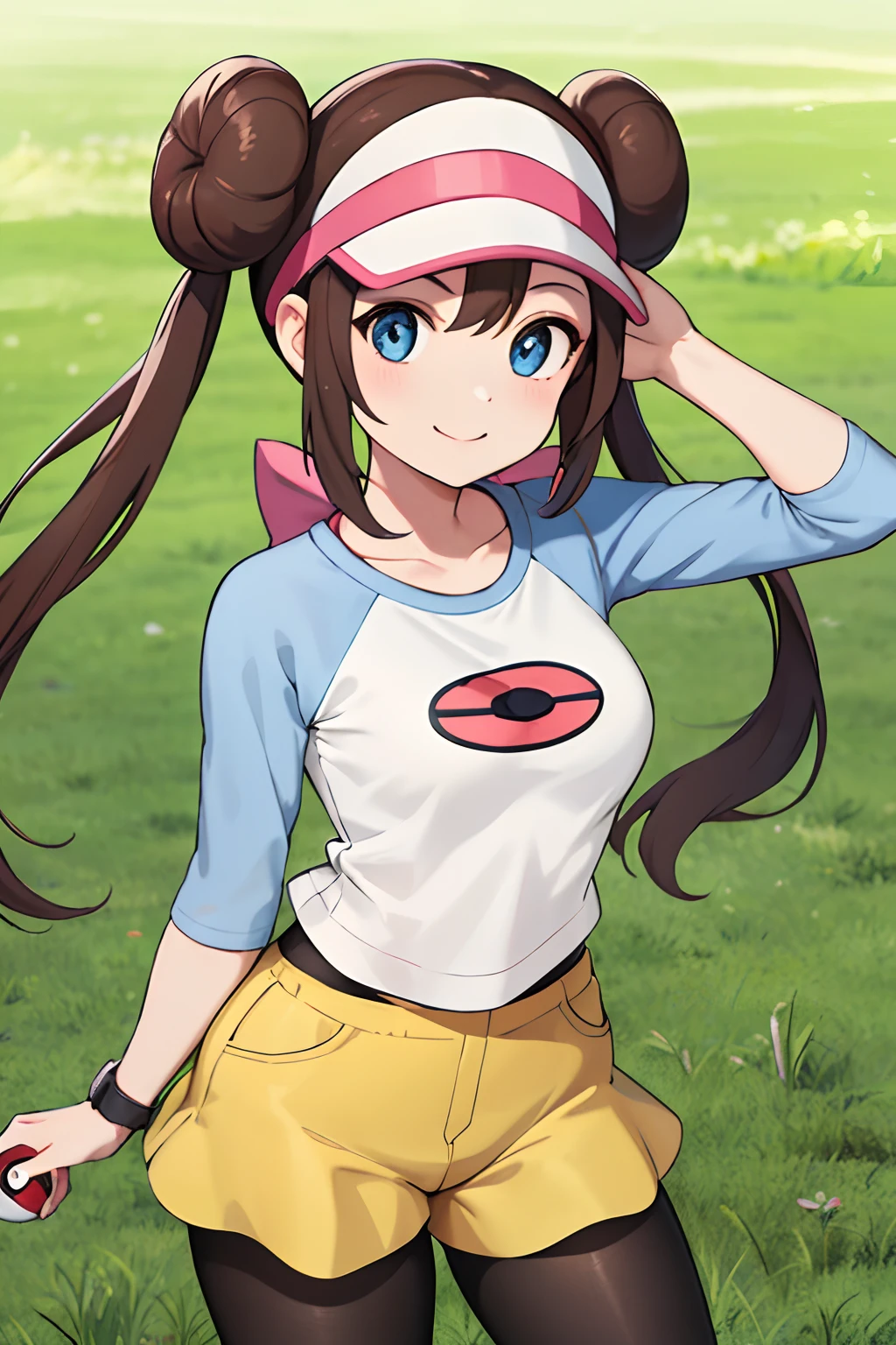 masterpiece, best quality, highres, ro1, hair bun, blue eyes, twintails, visor cap, pantyhose, raglan sleeves, yellow shorts, shirt, pink bow, wristwatch, standing, cowboy shot, field, poke ball \(basic\), smile