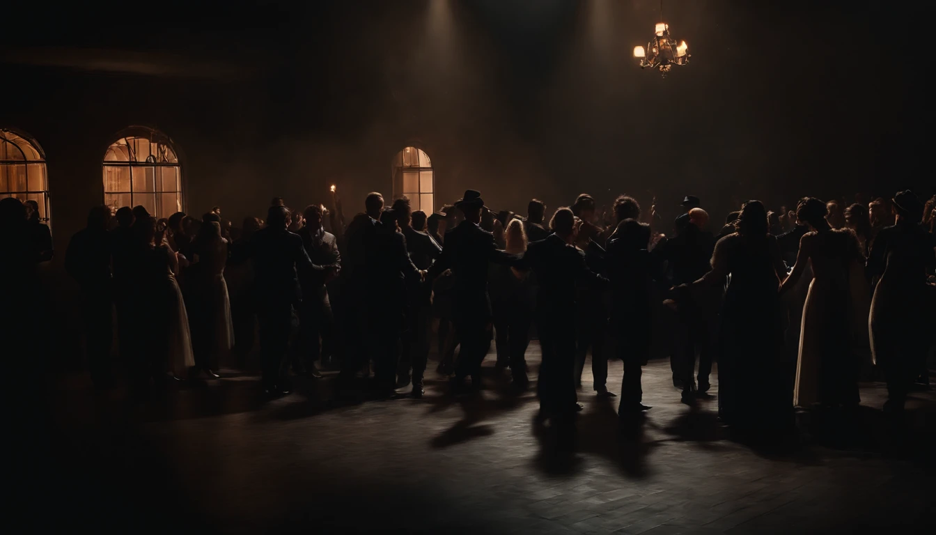 (mysterious moving shadows,party scene,dark atmosphere),(oil painting,highres:1.2,ultra-detailed),(dancing crowd),(best quality,professional),(horror),(dark and gloomy color tone),(moody lighting)