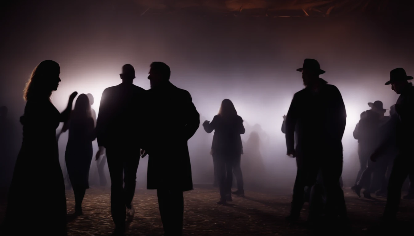 (mysterious moving shadows,party scene,dark atmosphere),(oil painting,highres:1.2,ultra-detailed),(dancing crowd),(best quality,professional),(horror),(dark and gloomy color tone),(moody lighting)