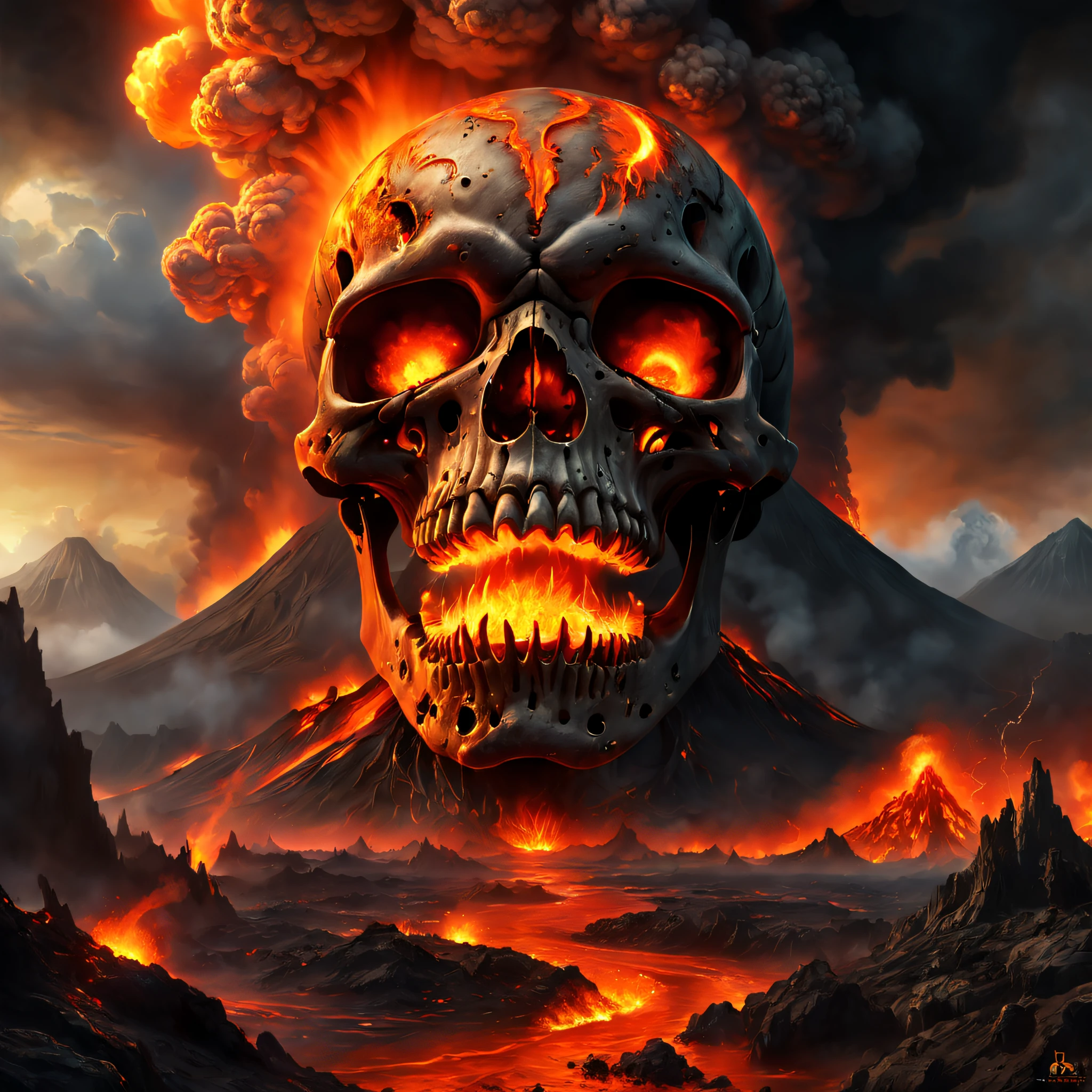 Doomsday landscape,Huge volcanic eruptions,fire glow,molten lava,erupting,A skeleton face emerged from the smoke,Nuclear barrage,Rochas,hydrosphere,(illustratio:1.0)、Epic composition、Realistic lighting、high definition detail、tmasterpiece、Best quality,(非常详细的 CG 统一 8k 壁纸)