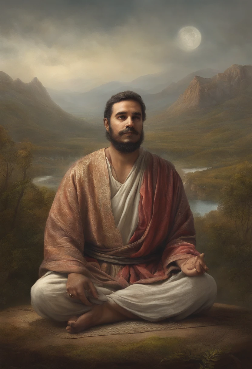 homem maduro, sitting in a meditation position, diante de um orisonte lindo, com o sol se pondo, in connection with the divine, foto de retrato, Directed by: Drew Tucker, Directed by: Adam Marczyński, Directed by: Alexander Kucharsky, Directed by: Gavin Nolan, Surrealismo 8K, Directed by: Jason Felix, Yuri Shwedoff e Tom Bagshaw, arte ilustrativa, Estilo Erik Johansson