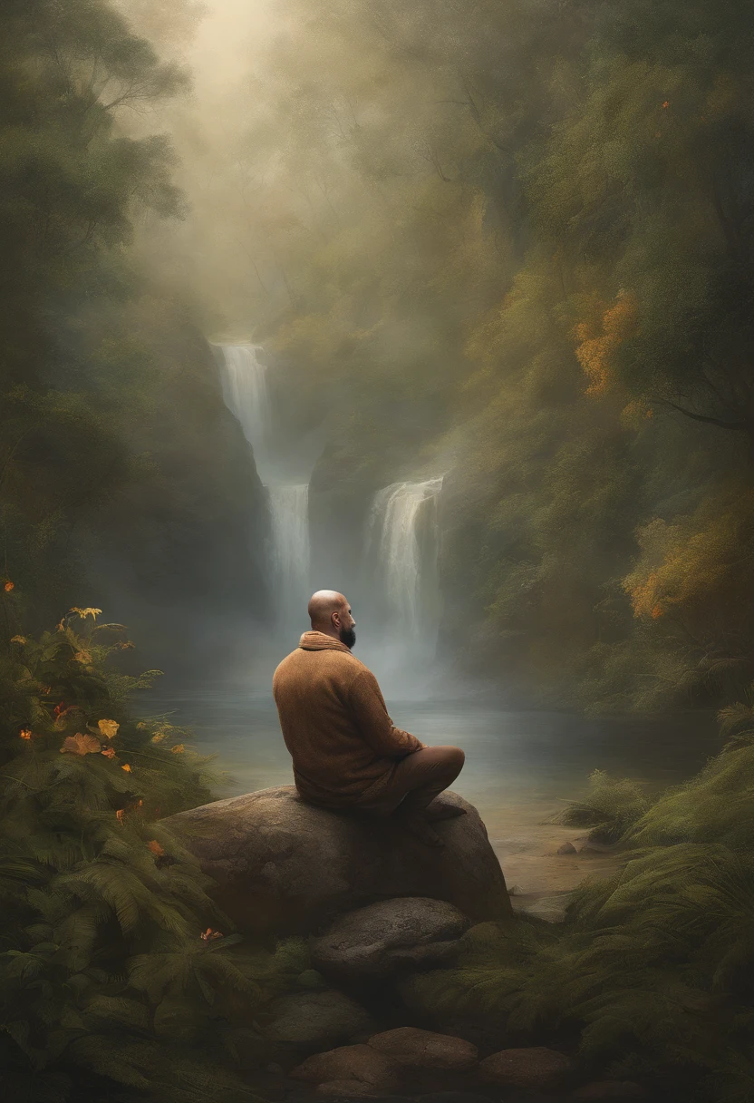 homem maduro, sitting in a meditation position, diante de um orisonte lindo, com o sol se pondo, in connection with the divine, foto de retrato, Directed by: Drew Tucker, Directed by: Adam Marczyński, Directed by: Alexander Kucharsky, Directed by: Gavin Nolan, Surrealismo 8K, Directed by: Jason Felix, Yuri Shwedoff e Tom Bagshaw, arte ilustrativa, Estilo Erik Johansson