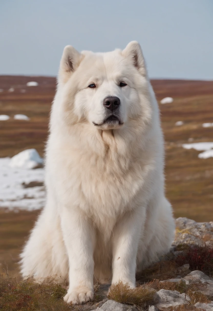 Masterpiece:1.2, Best Quality), Realistic, (real picture, intricate details, Depth of field:0,8 ),beste-Qualit, 4k, 8K, ah high, Master Part:1.2), overdetalization, Realistic, Spring steppe tundra without mountains, brightly, Sunny. An old Yakut-Chukchi in bright colored national clothes of the northern peoples, walks through the tundra and lichen surrounded by 12 dogs with a radio station. On the head is an audio headphone, happily listening to music, looking at the viewer. Radio waves are flying in the air, Birds, Ice floes and icebergs in the background
