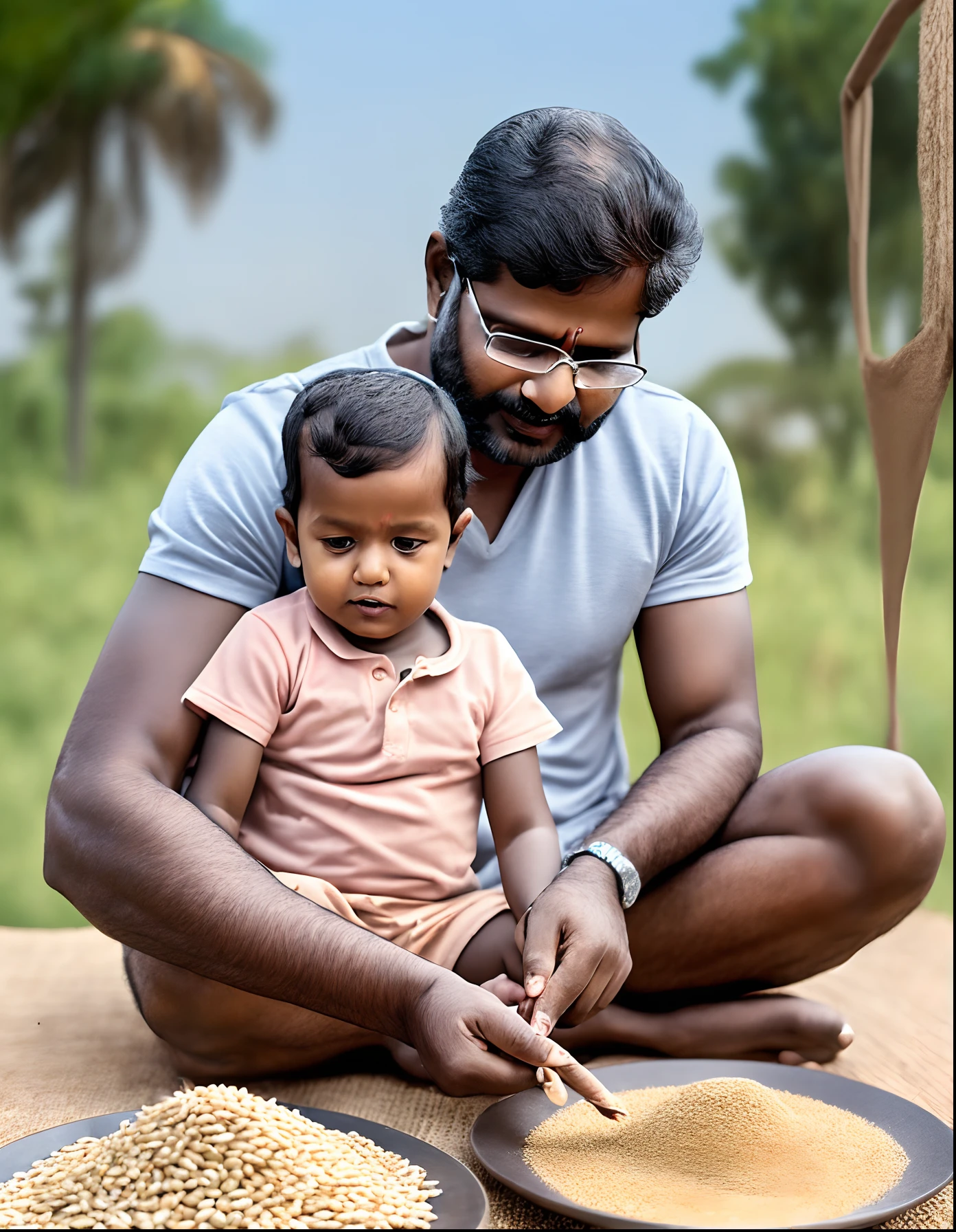 hyper realistic South Indian Father and mother sitting in the fool and their sit in father's thighs and father write litters in grains ina plate with kid finger --auto --s2