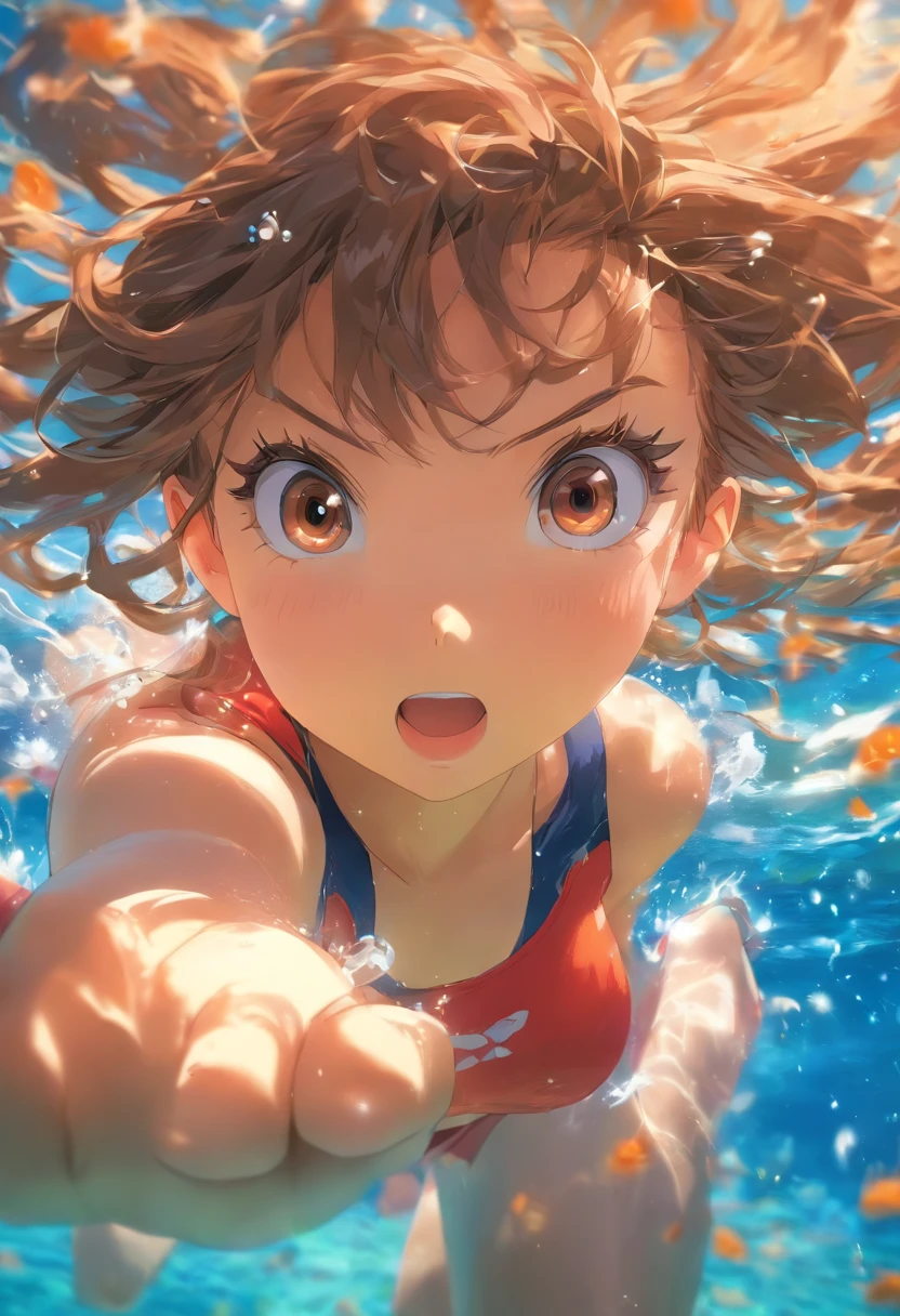 1girl、afloat、Black Hair、Navy blue swimsuit、Ocean、Oceanに浸かる、evening、Reflection on the water、deep faint light 、 detailed CG、high resolution
