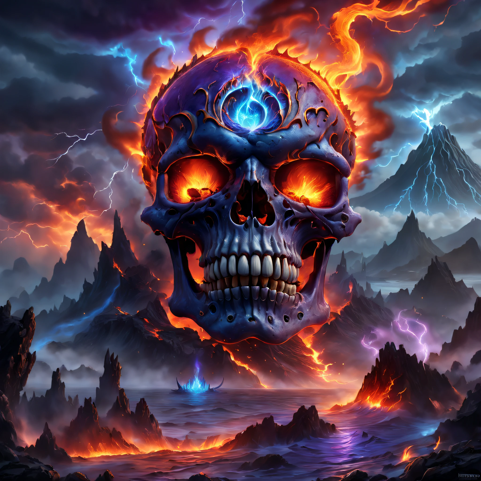 Doomsday landscape,a volcano erupts,fire glow,blasts,molten lava,A skeleton face emerged from the smoke,a sea of fire,Paired with purple and blue, fantasy highly detailed, With gorgeous magic lightning rings, magia, beautiful detailed fantasy, hyper-high detail, , magic fantasy highly detailed, stuning fantasy 3 d render, Inspired by L. Highly detailed aesthetics, hyper-high detail